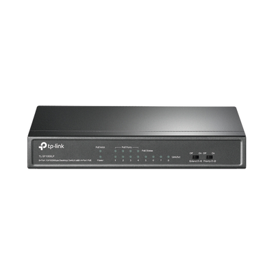 Switch PoE No Administrable de Escritorio / 8 puertos 10/100 Mbps / 4 puertos PoE af / Presupuesto 41 W / Modo extensor PoE hasta 250 metros / Calidad video prioritaria