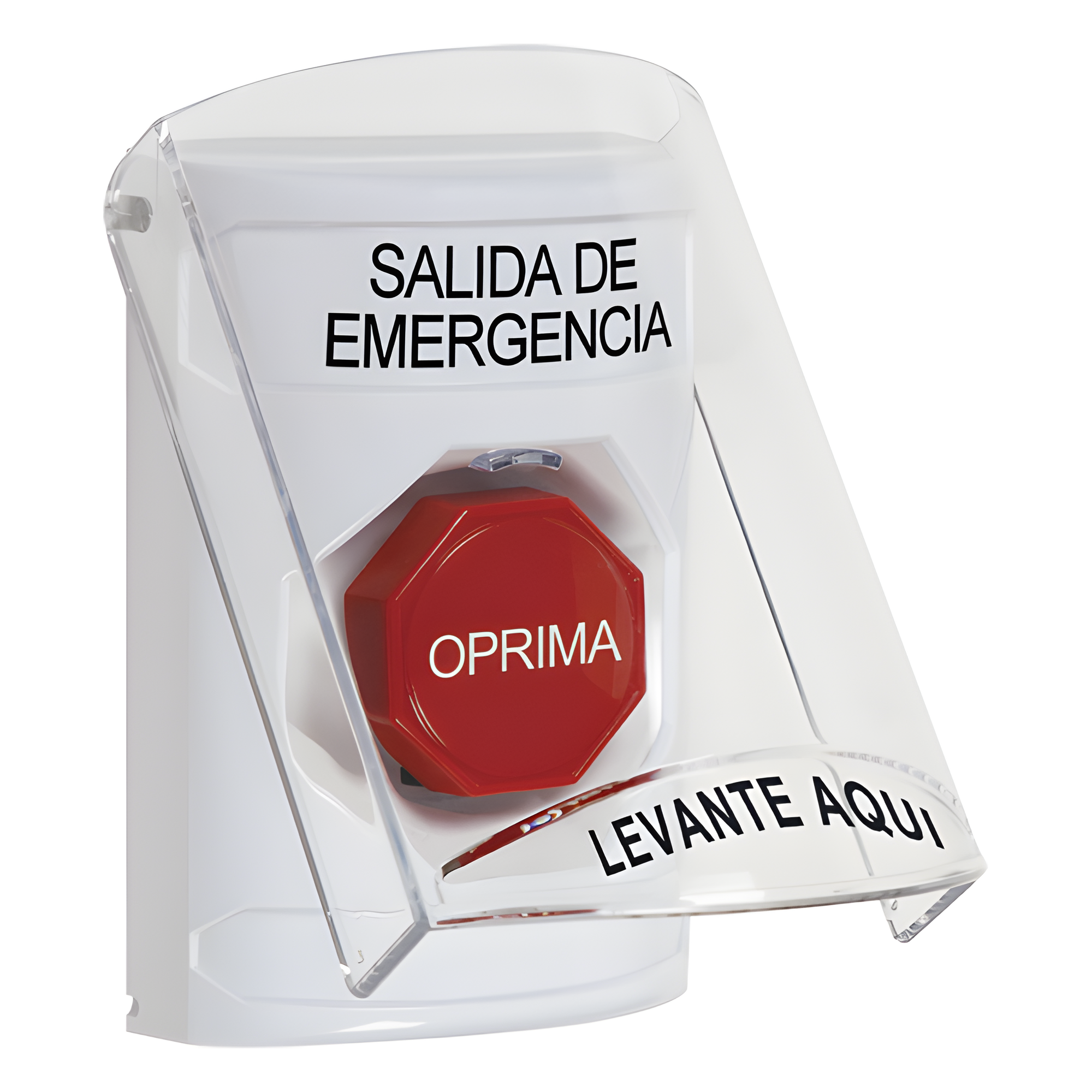 Botón de Emergencia, Texto en Español, Tapa Protectora de Policarbonato Súper Resistente, Restablecimiento con Llave — STI · SKU SS2322EX-ES