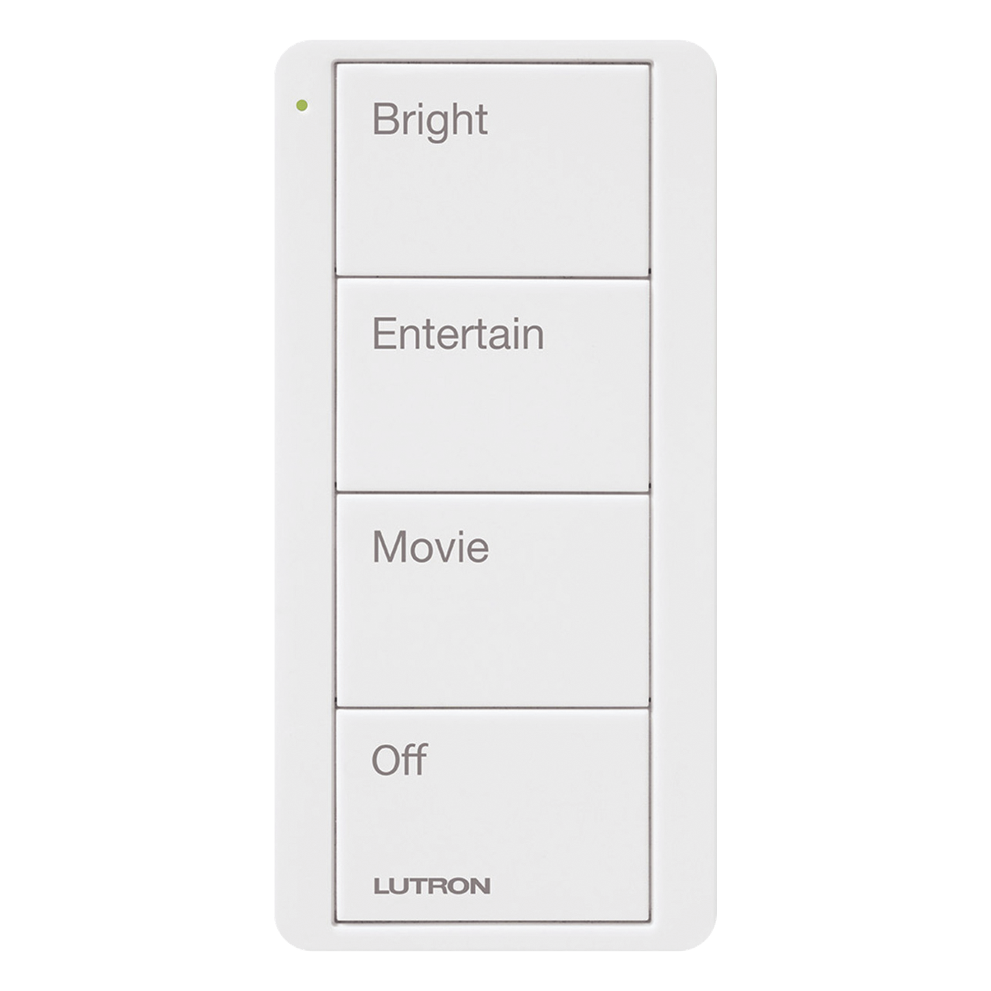 Control Pico inalámbrico de 4 botones con escenas grabadas para sala (Bright, Entertain, Movie y Off), compatible con Caseta Wireless y RA2 Select, blanco brillante — LUTRON ELECTRONICS · SKU PJ24BGWHP01