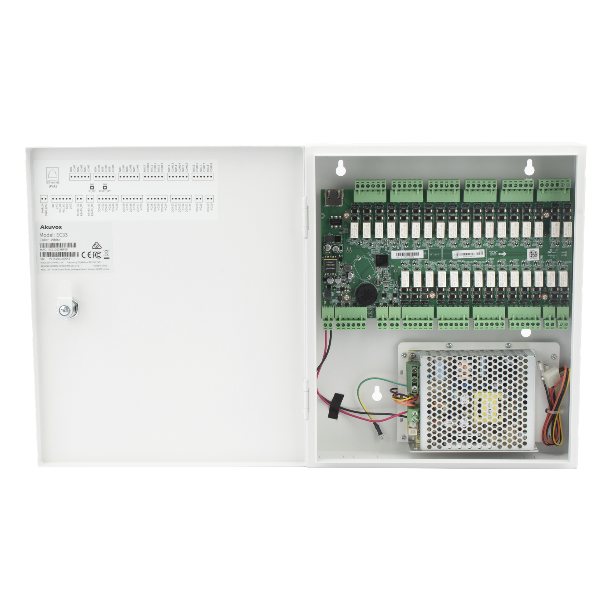 Controlador de Elevador IP Para 32 Pisos / Gestión 100% en la Nube / Interfaz Web / Pases Temporales desde App / Activación de Pisos desde App/ Wiegand / POE / 20,000 Tarjetas /100,000 Eventos / Compatible con Videoporteros Akuvox — AKUVOX · SKU EC33
