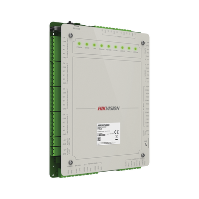 Controlador de Acceso 4 Puertas Administrable en la Nube con Hik-Connect Teams / Interfaz Web / 8 Lectores de Huella o Tarjeta / 100,000 Tarjetas / 10,000 Huellas / Incluye Gabinete y Fuente de Alimentación 12Vcd 8 A / Soporta Batería de Res