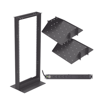 Kit de Rack Estándar 19", 24 UR con 2 Charolas y PDU (8 tomas). Ideal para UPS y Servidores tipo Torre.