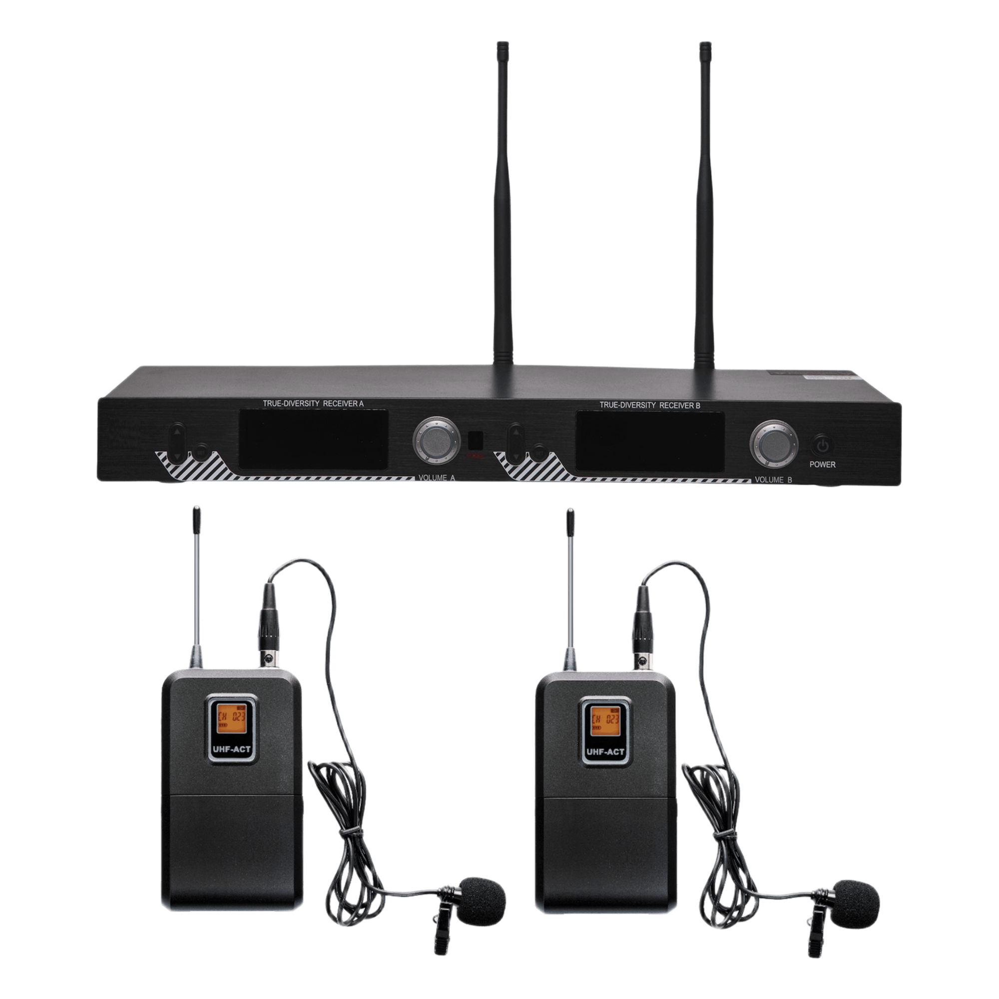 Kit de Microfonía inalámbrico | 2 Micrófonos de Lavalier | Receptor UHF | Pantalla LCD | 200 Canales | Gran cobertura — EPCOM PROAUDIO · SKU EP521UL