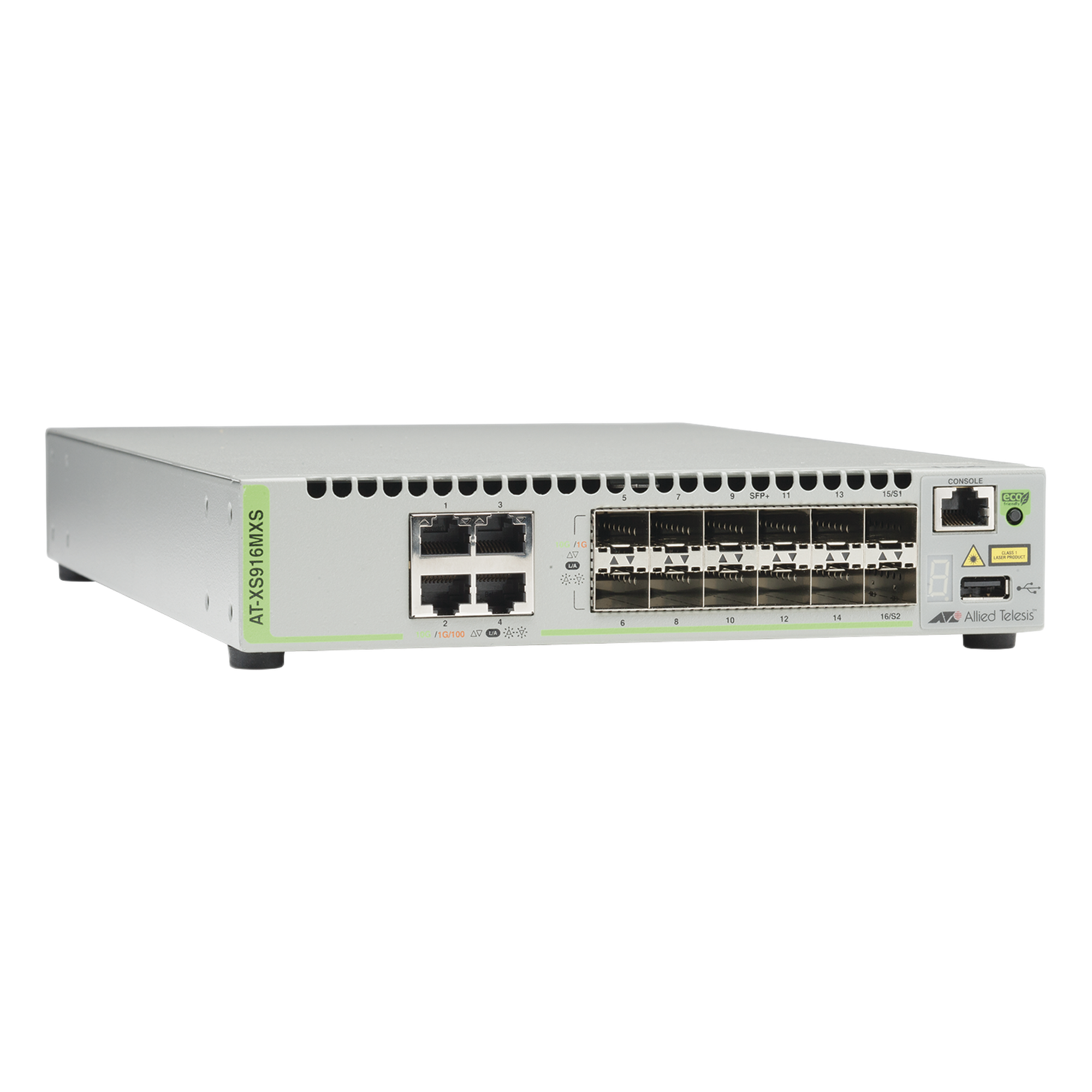 Switch Capa 3 Stackeable 10 Gigabit , 12 puertos SFP/SFP+ 10G y 4 puertos 100/1000/10G Base-T (RJ-45) — ALLIED TELESIS · SKU AT-XS916MXS-10
