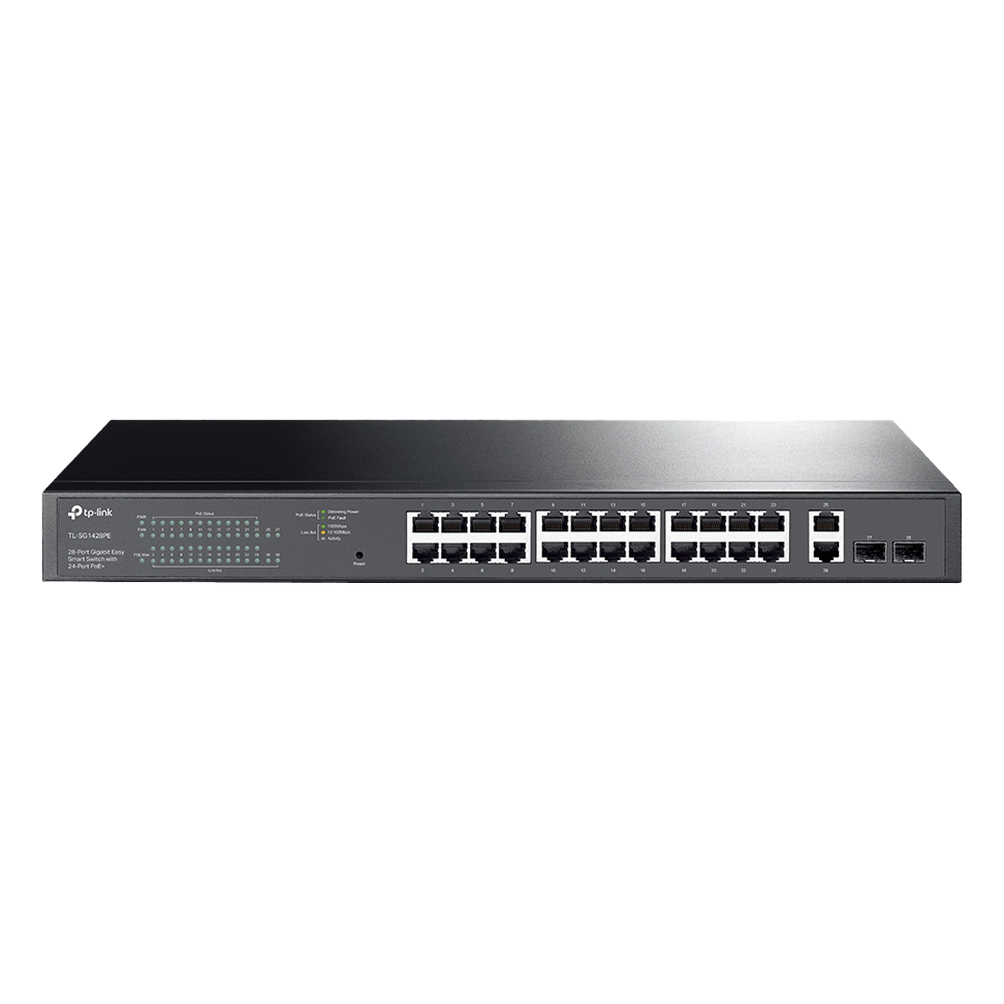 Switch PoE Administrable 24 puertos 10/100/1000 Mbps / 2 puertos SFP / 24 puertos PoE af/at / Presupuesto PoE 250W / — TP-LINK · SKU TL-SG1428PE