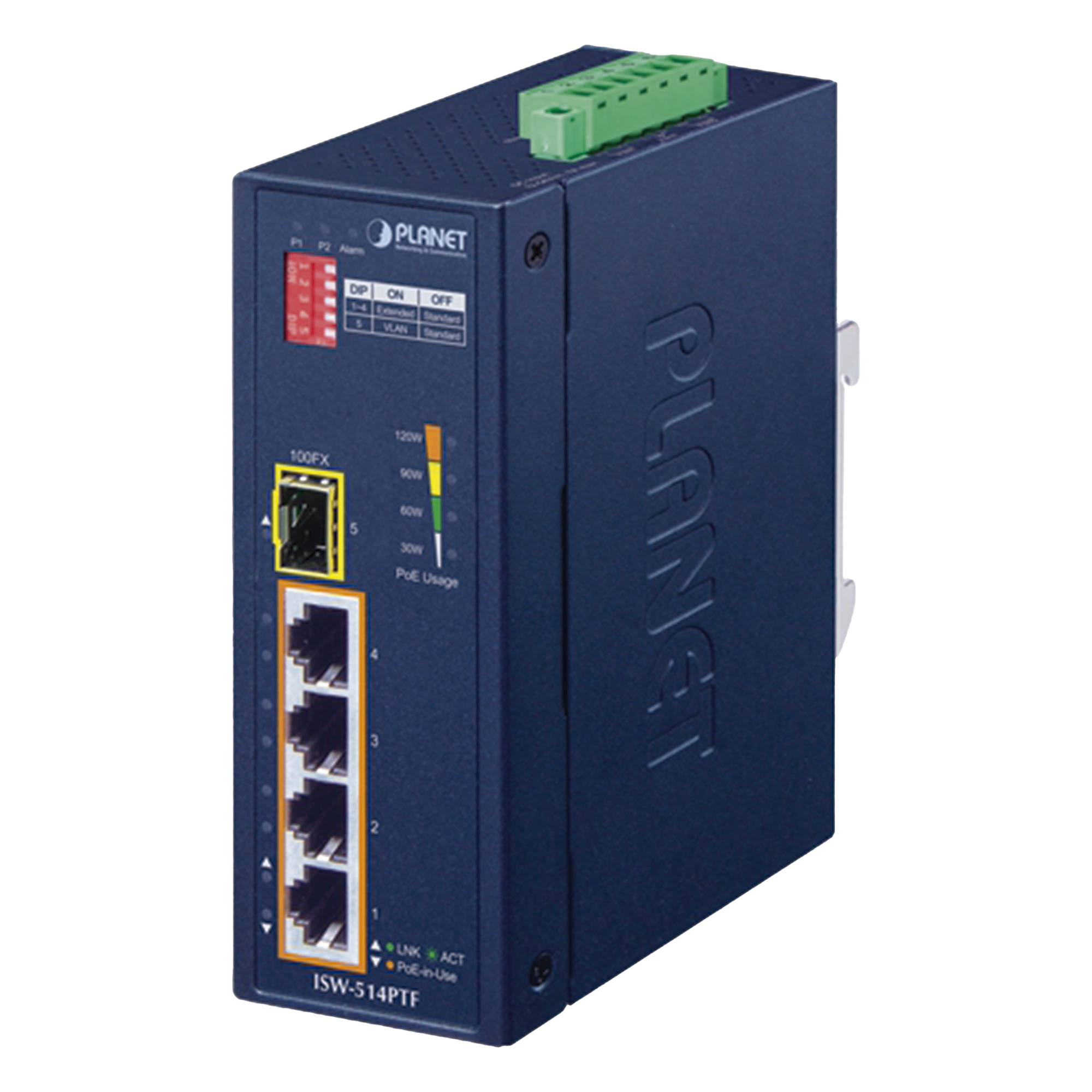 Switch industrial, Temperatura de Operación: -40 a 75ºC, 4 puertos PoE 10/100 + 1 Puerto 100Base-FX — PLANET · SKU ISW-514PTF