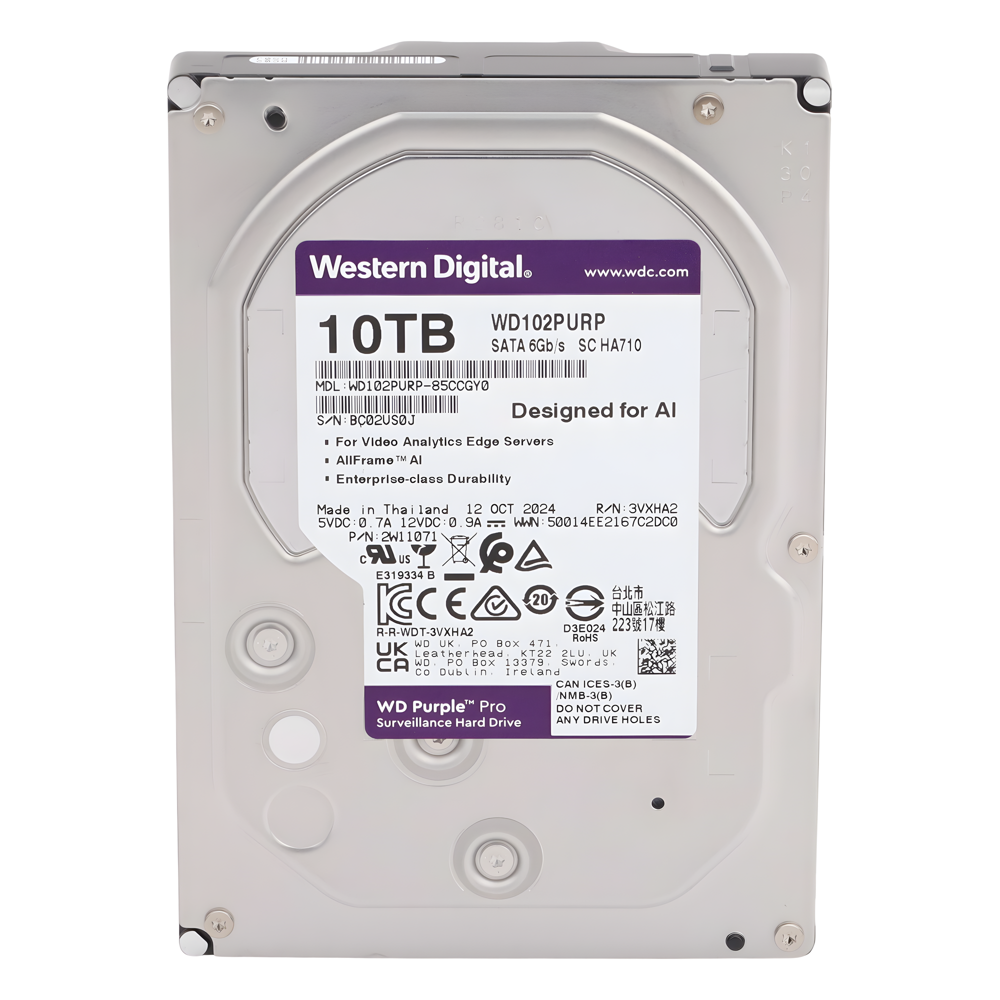 Disco Duro Purple Pro de 10 TB / 7200 RPM / Optimizado para Soluciones de Videovigilancia con Analiticos (Meta Data) / Uso 24-7 / 5 Años de Garantia
