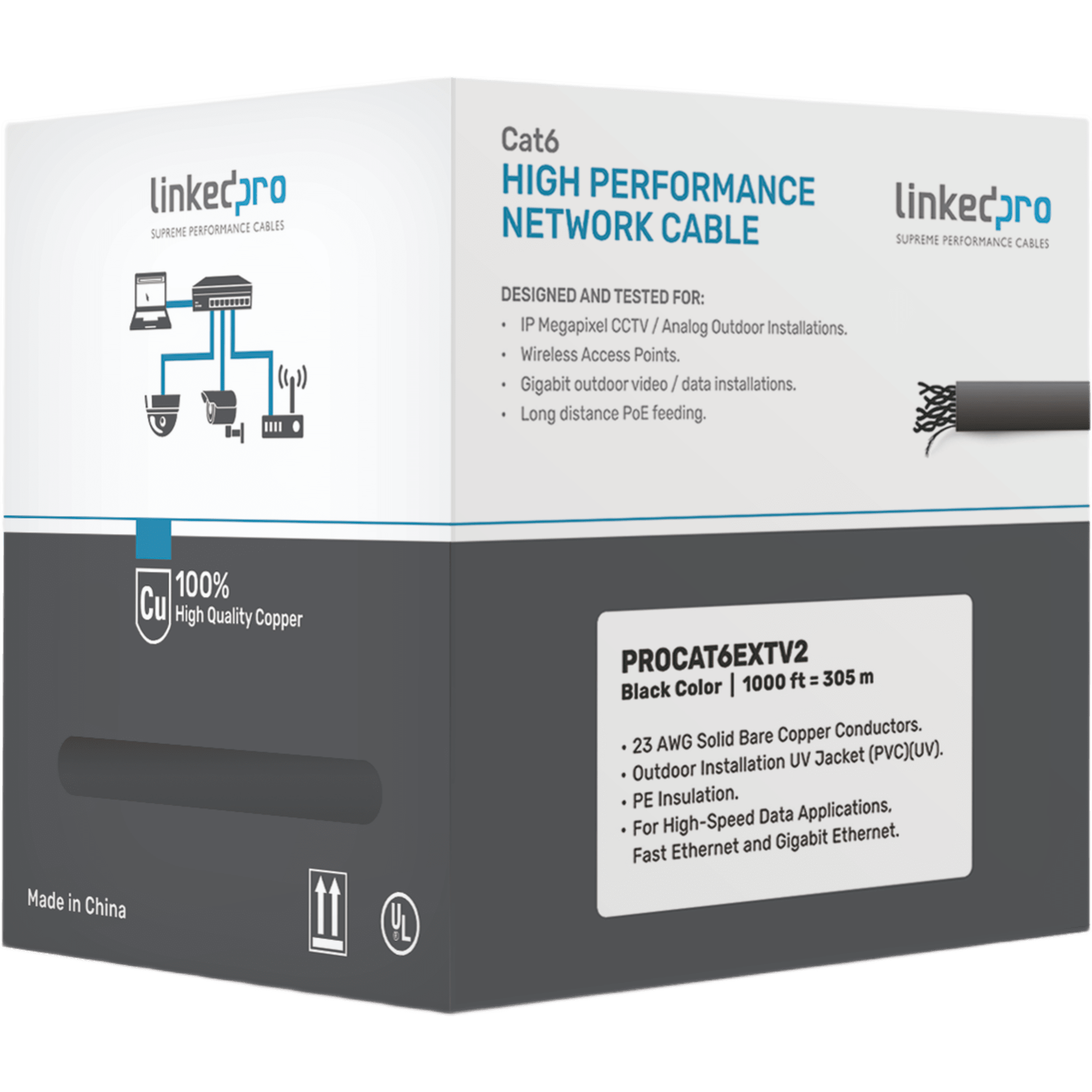 Bobina de Cable de 305 Metros (1000 Pies) Cat6+ Calibre 23 Exterior Blindado Tipo FTP para Climas Extremos, UL, Color Negro (Carrete Easy Pull)