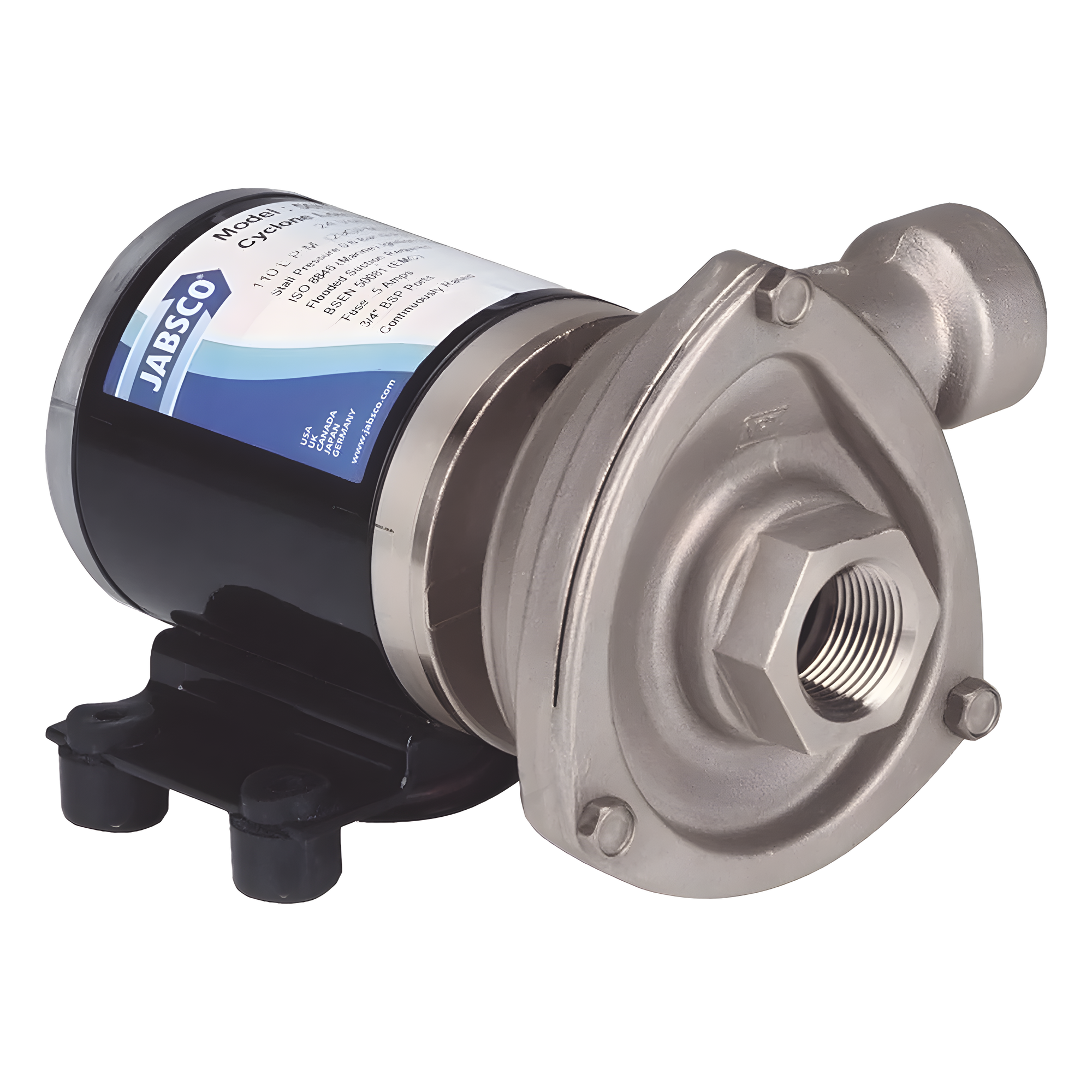 Bomba centrifuga Cyclone de baja presión a 12 Vcd, caudal de hasta 29 GPM, presión máxima de 8.7 psi, en acero inoxidable. — JABSCO · SKU 50840-0012