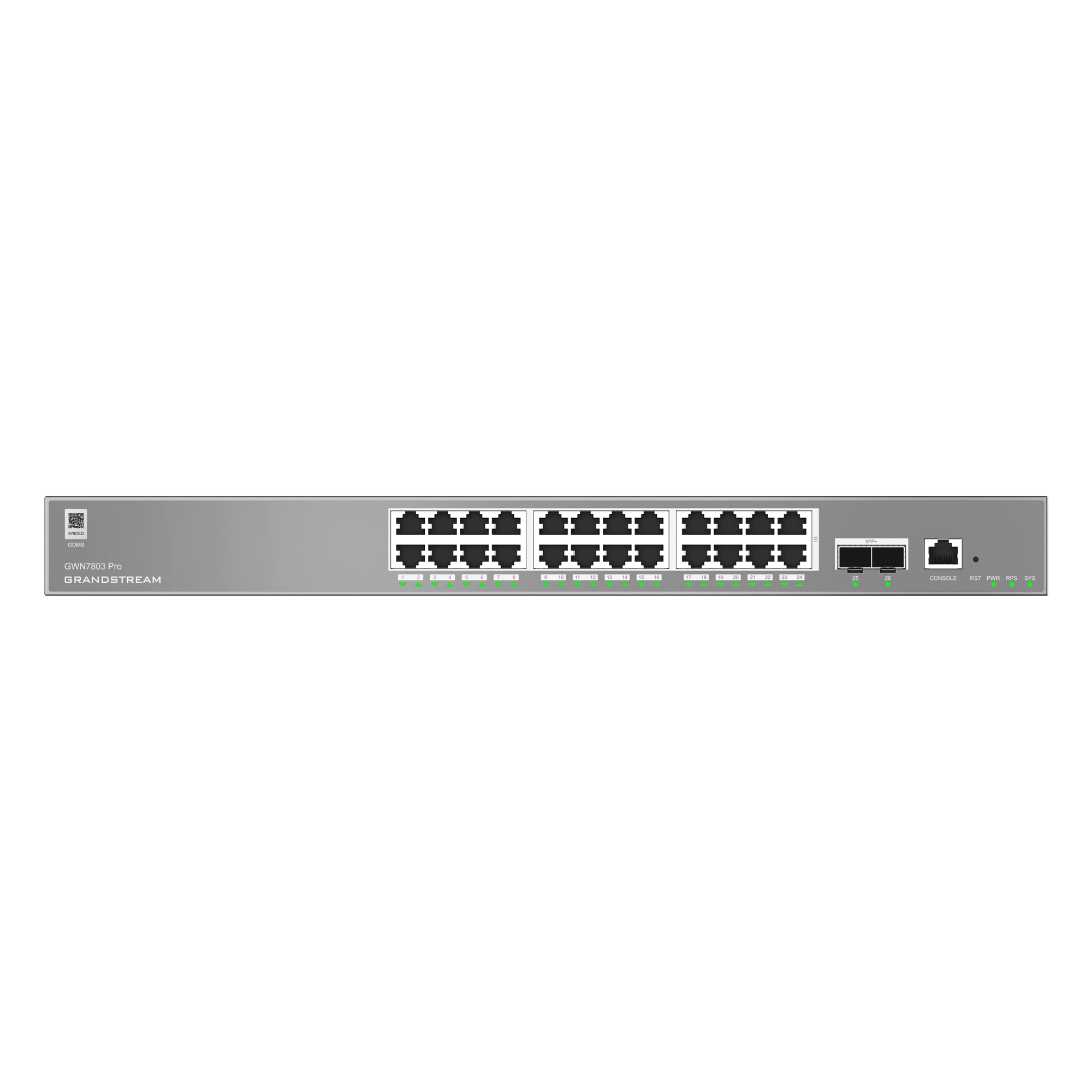 Switch Empresarial Administrable Capa 2++ / Serie GWN7800 Pro / 24 Puertos Gigabit Ethernet / 2 SFP+ / Switching 88 Gbps / VLAN 4K / QoS Avanzado / GDMS Cloud — GRANDSTREAM · SKU GWN7803-PRO