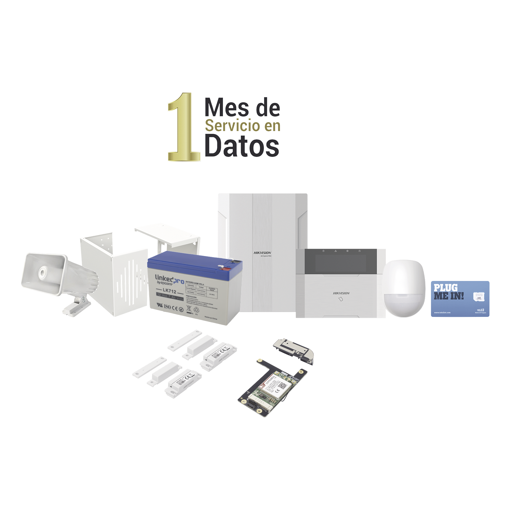 KIT Panel de Alarma HYBRID PRO / 1 Panel Híbrido / 1 Monitor LCD / 2 Contactos Magnéticos / 1 PIR / 1 Batería 12 vcc 7 Amp — HIKVISION · SKU DS-PHA64-LP/GSM