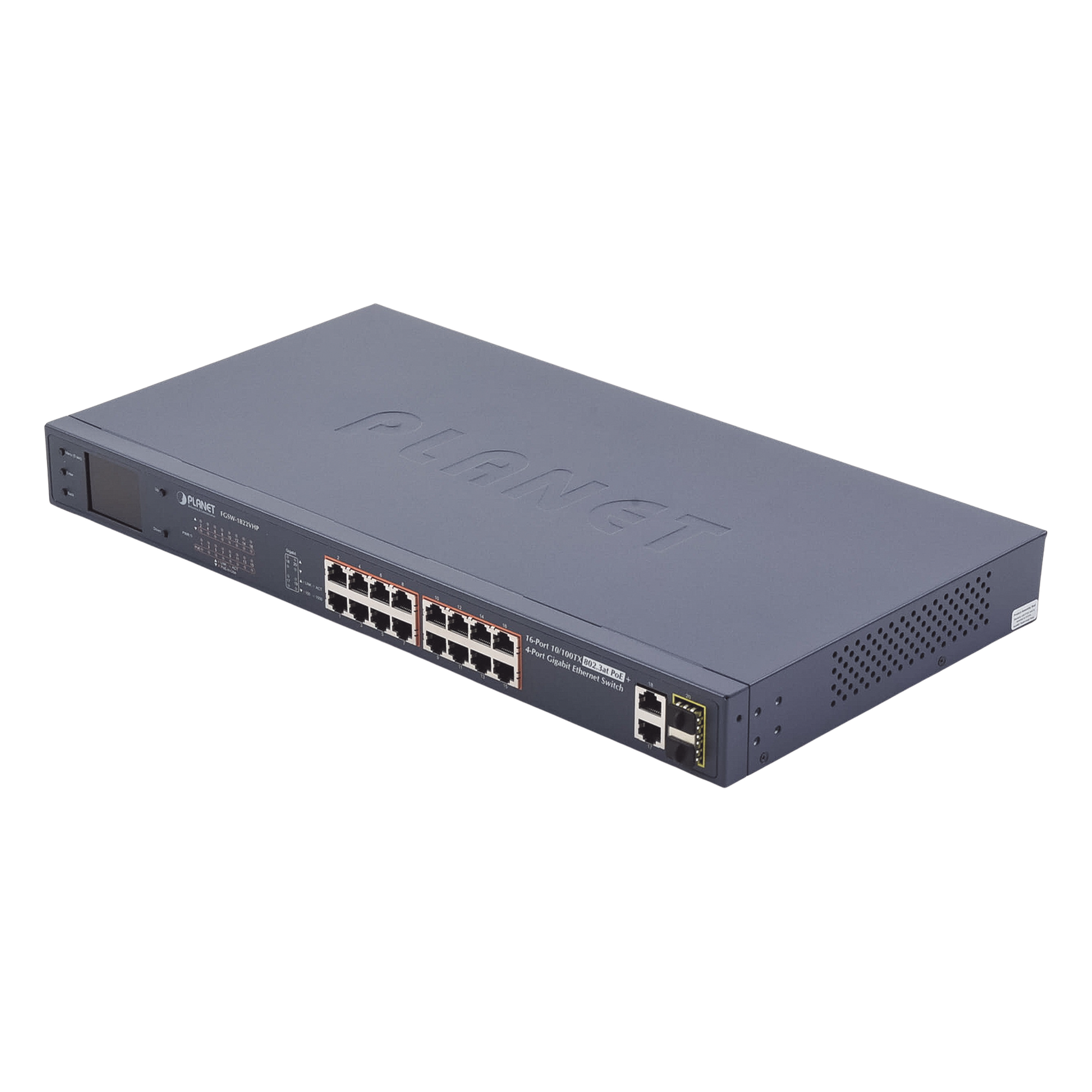 Switch No Administrable PoE+ Extender, Aislamiento VLAN de 16 Puertos +, 2 Combo TP/SFP Gigabit y Pantalla — PLANET · SKU FGSW-1822VHP