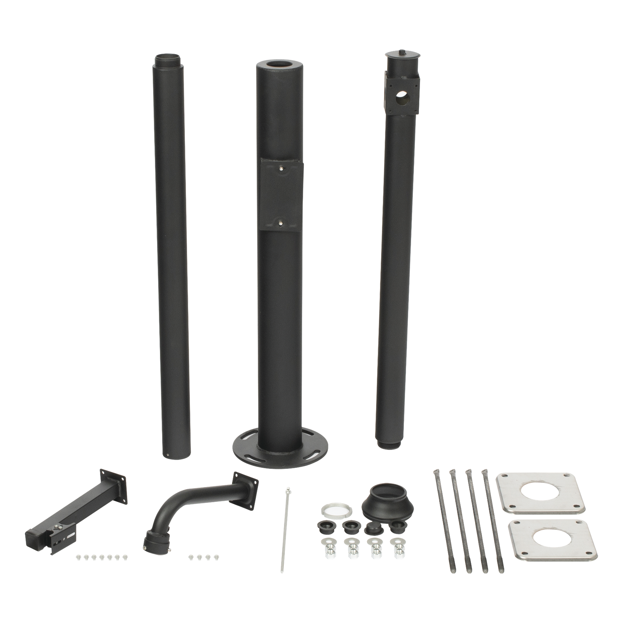 Poste Seccionado para Cámara PTZ / 3 m (9.8 ft) de Altura / 3 Secciones de 1 m / Base de Cimentación 330 mm / Soporte PTZ 48.5 mm / Sellos Impermeables / Color Negro — SYSCOM VIDEO · SKU XGA-POLE-3M