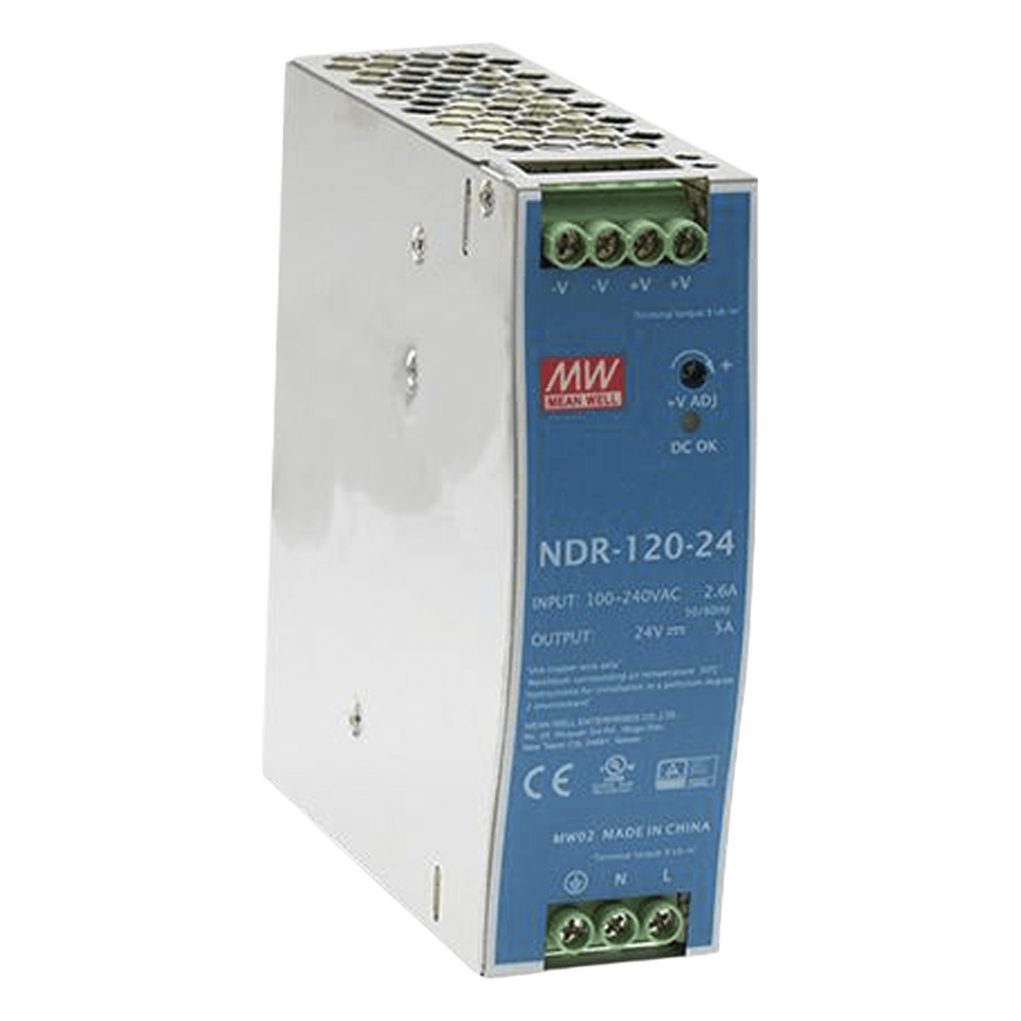 Fuente de poder industrial para riel DIN / 120W / 24Vcc / 5A / Entrada: 90-264Vca — MEANWELL · SKU NDR-120-24