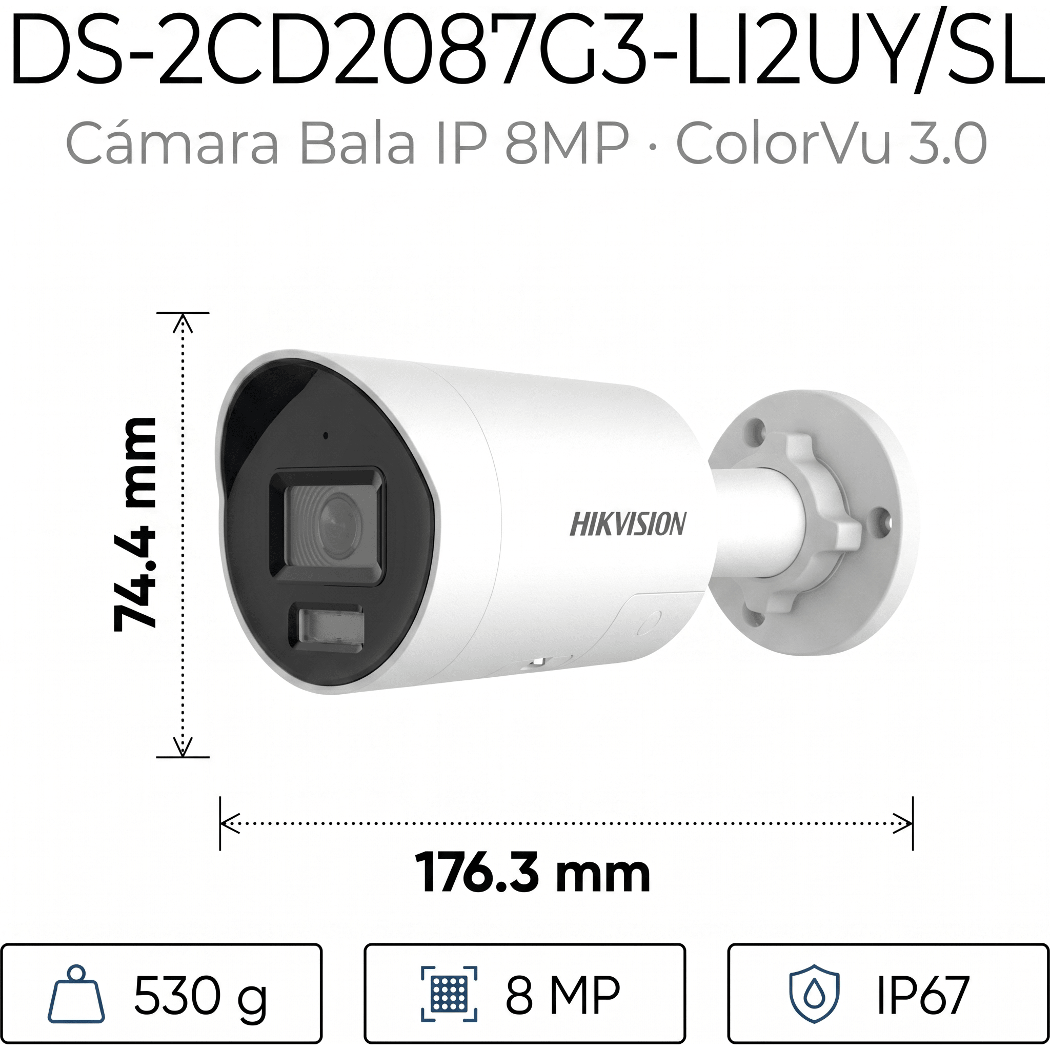 [Dual Light + ColorVu 3.0 + HikAI] Bala IP 8 Megapixel / Lente 2.8 mm / 40 mts IR + Luz Blanca / 2 Microfonos Integrados / Exterior IP67 / Estrobo Luz Blanca / WDR 130 dB / ACUSENSE 3.0 / Metal / NEMA 4X / ACUSEEK