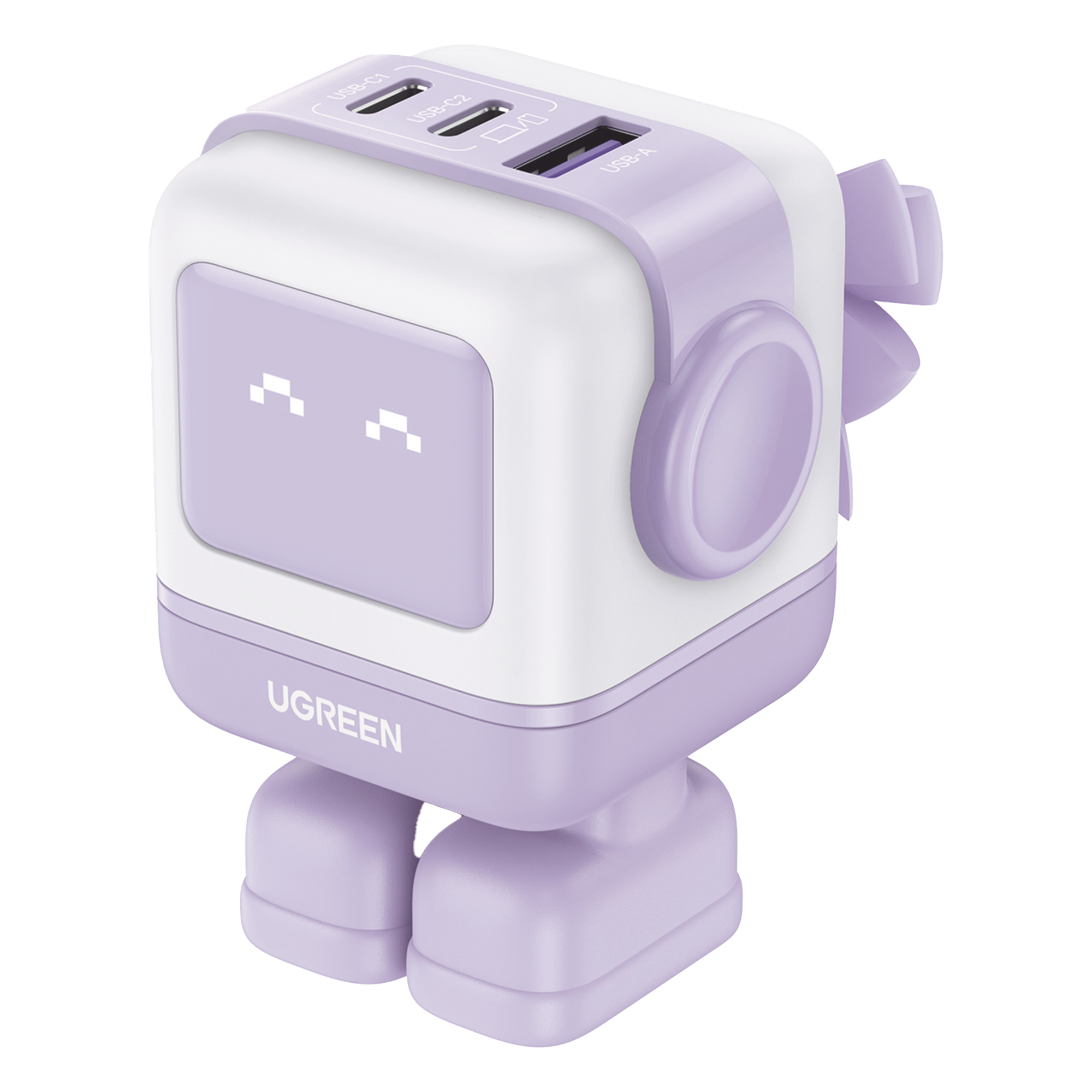 Cargador RobotGaN de 65W Serie UNO | 3 Puertos de Carga Rápida | 2 USB-C | 1 USB-A | PD 3.0 | QC 4.0 | Carga Inteligente | Tecnología GaN II | Zapato Magnético Extraíble | Carcasa Ignífuga | Pantalla LED — UGREEN · SKU 35314