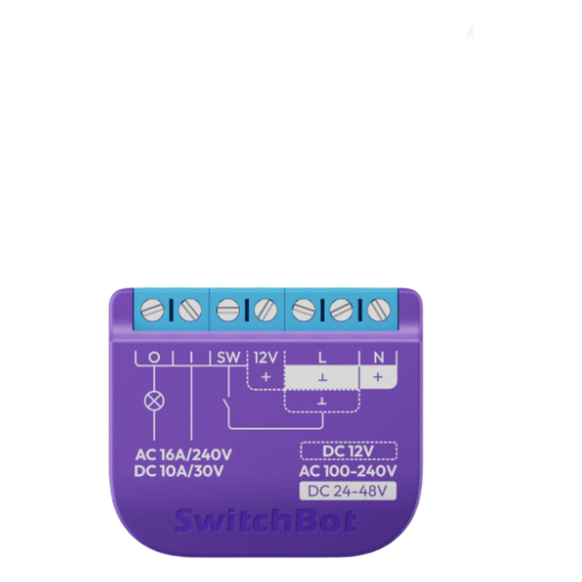 Relé Switch Inteligente para Garaje / WiFi + BLE / Matter / Entrada 12-48V CC o 100-240V CA / Salida 30V 10A / 42 x 36 x 16 mm (1.7 x 1.4 x 0.6 in) — SWITCHBOT · SKU SWITCHBOTRELSWGD