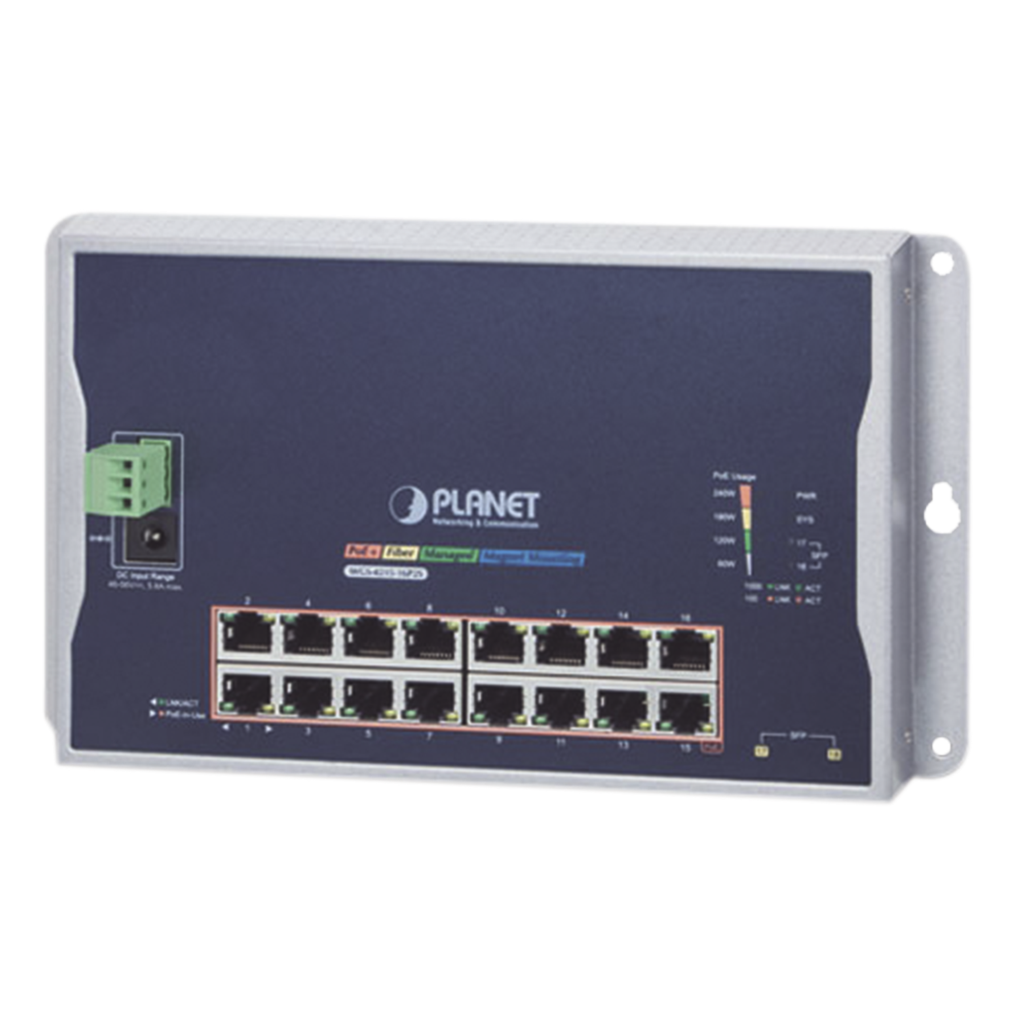 Switch Industrial Administrable Capa 2 de Pared,16 Puertos PoE 802.3at Gigabit y 2 Puertos SFP — PLANET · SKU WGS-4215-16P2S