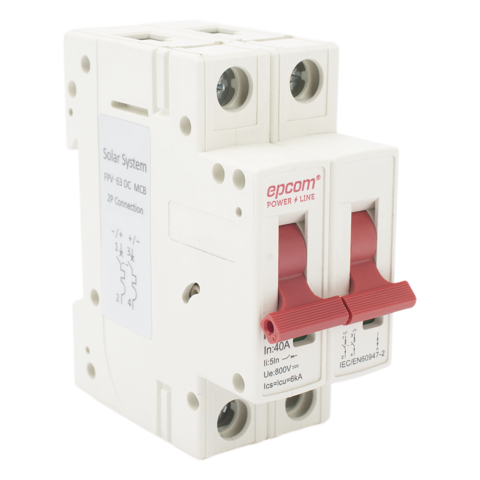 Protección Térmica/ Interruptor 2P, 40 A,  Corriente Directa  800 Vcc para Aplicación Fotovoltaica Montaje Riel DIN — EPCOM POWERLINE · SKU FPV632PC40