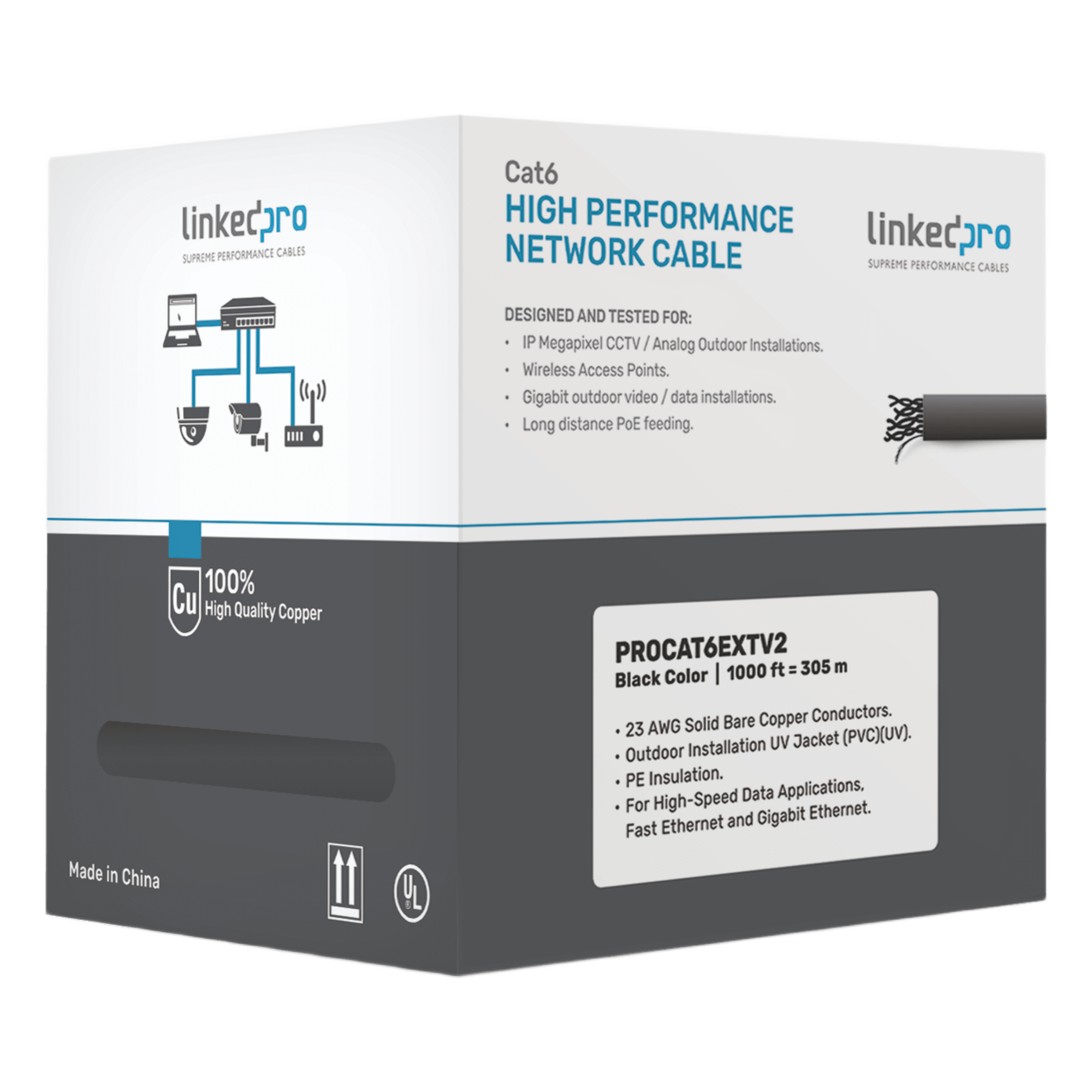Bobina de Cable de 305 Metros (1000 Pies) Cat6+ Calibre 23 Exterior Blindado Tipo FTP para Climas Extremos, UL, Color Negro (Carrete Easy Pull) — LINKEDPRO BY EPCOM · SKU PRO-CAT-6-EXT-V2