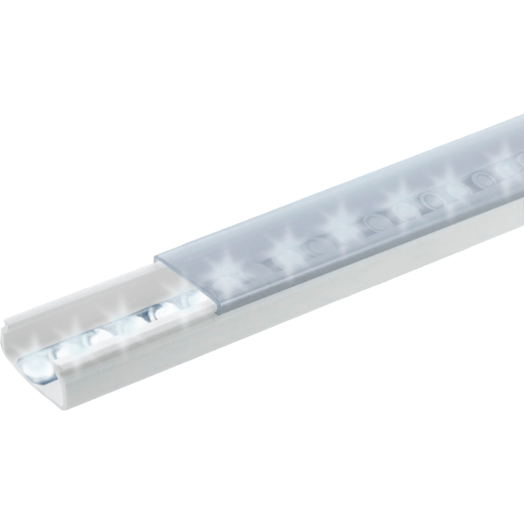 Difusor para tira LED con tapa transparente de PVC auto extinguible, ideal para colocar iluminación, 20 x 10mm, tramo de 1.53 m con cinta Autoadherible.