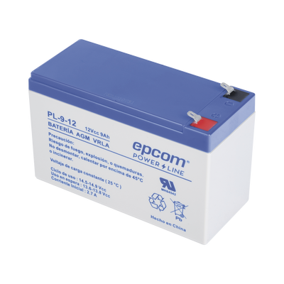 Batería 12 Vcc / 9 Ah / UL / Tecnología AGM-VRLA / Para uso en equipo electrónico Alarmas de intrusión / Incendio/ Control de acceso / Video Vigilancia / Terminales F1 / Cargador recomendado CHR-80. — EPCOM POWERLINE · SKU PL912