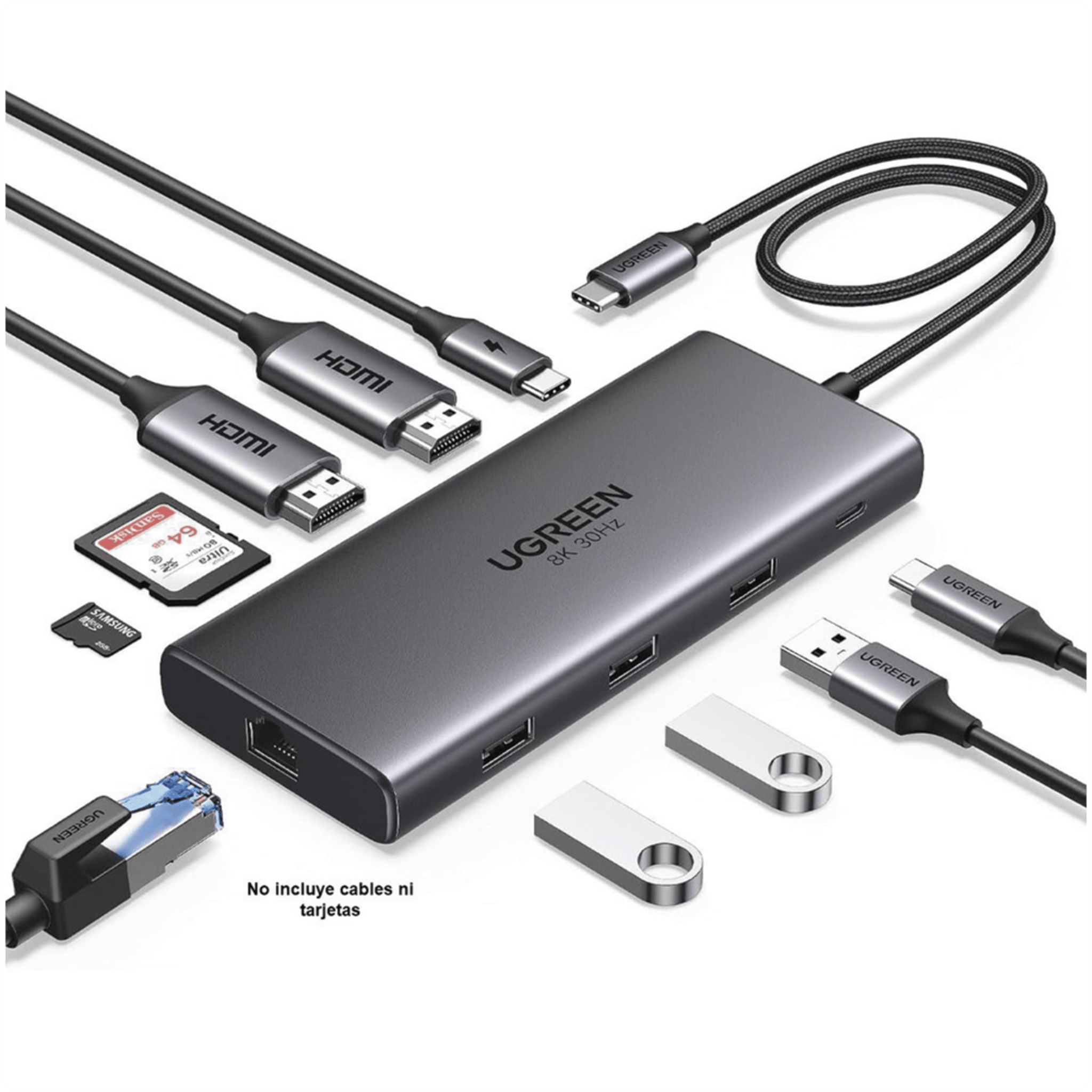 Docking Station USB-C Hub 10 en 1 UGREEN Revodok Pro 210 / Dual HDMI 4K 60Hz y 8K 30Hz / 3 Puertos USB-A + USB-C 3.0 / Carga PD 100W / Ethernet Gigabit 1000M / Lector Tarjetas SD y TF / Compatible Windows y macOS