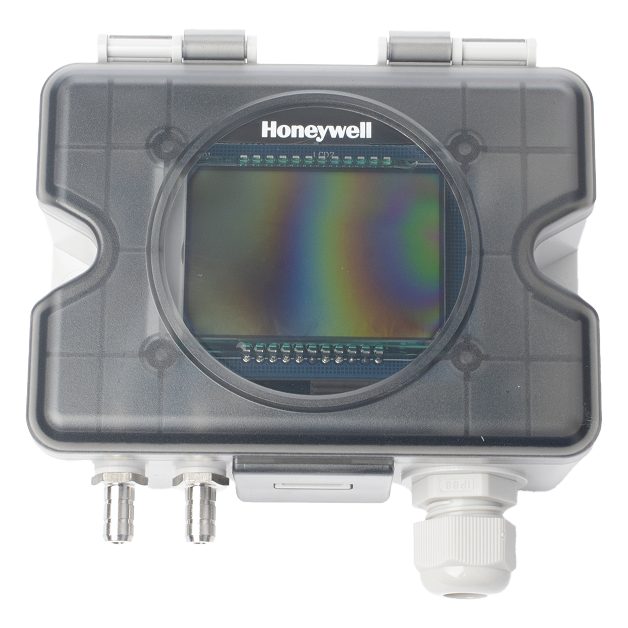 Transmisor de presión diferencial de aire con pantalla LCD, rango ±10,000 Pa, salida 0-10V y 4-20mA, para sistemas HVAC — HONEYWELL BMS · SKU HSDP-A10000UL