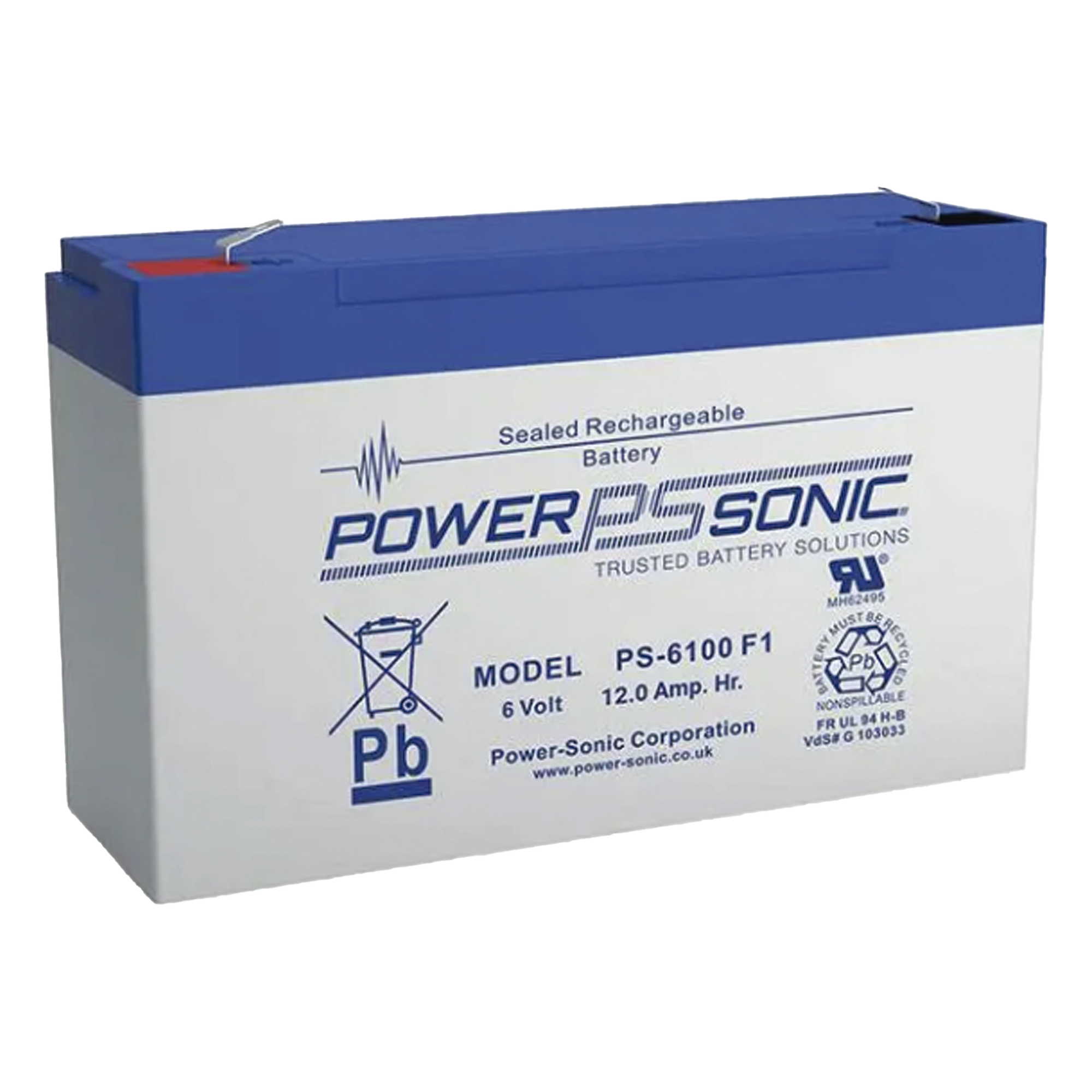 Batería de Respaldo AGM/VRLA / 6V / 12 Ah / Terminales F1 / Vida Útil 5 Años / Caja ABS — POWER SONIC · SKU PS-6100-F1