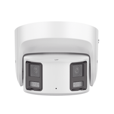 [PROTECCIÓN ACTIVA] Turret IP Panorámica 8 Megapíxel / 2 Lentes 4 mm (180°) / Imagen a Color 24/7 (ColorVu) / PoE / WDR 130° / IP67 / ACUSENSE / Luz Estroboscópica y Alarma Audible / 30 mts Luz Blanca / Micro SD