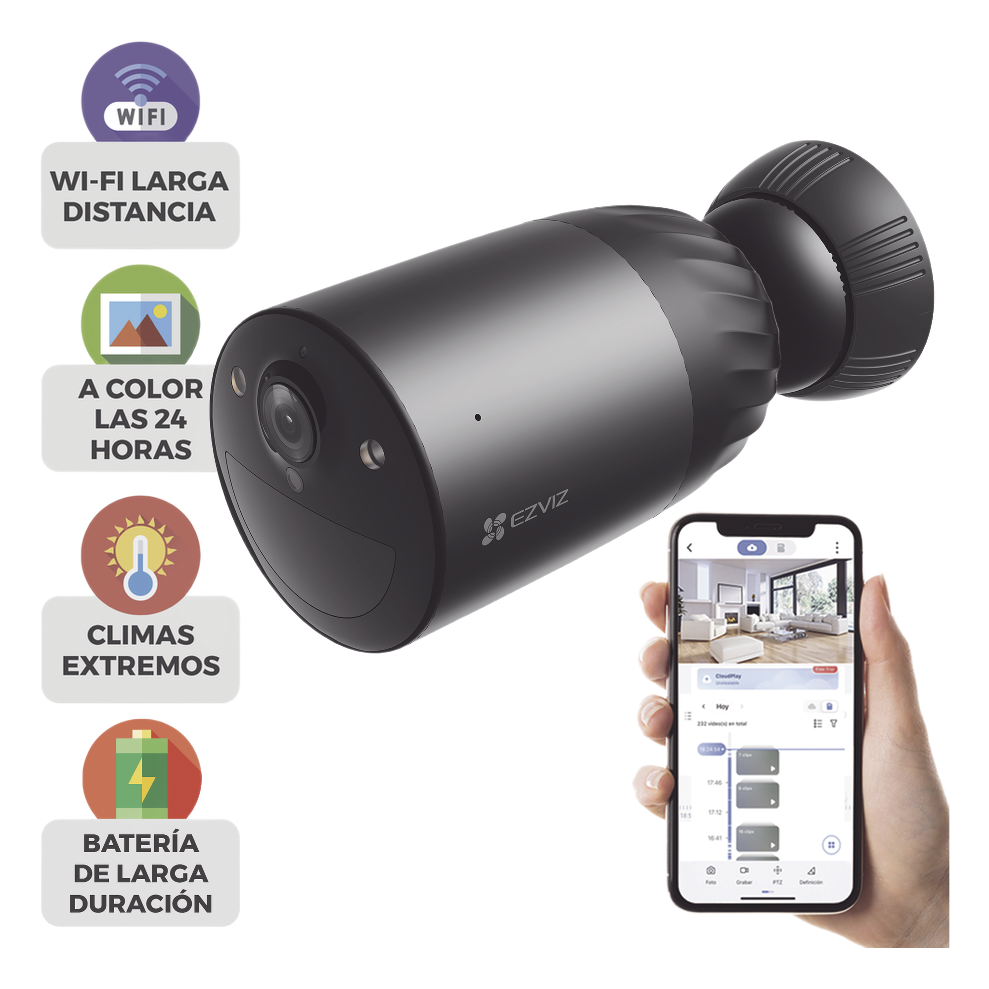 Cámara IP Wi-Fi / 4K UHD 8 MP / Batería Recargable 10,400 mAh / Visión Nocturna Color 15 m (49.2 ft) / IP65 / Audio Bidireccional / MicroSD 512 GB — EZVIZ · SKU CS-BC1C/4K