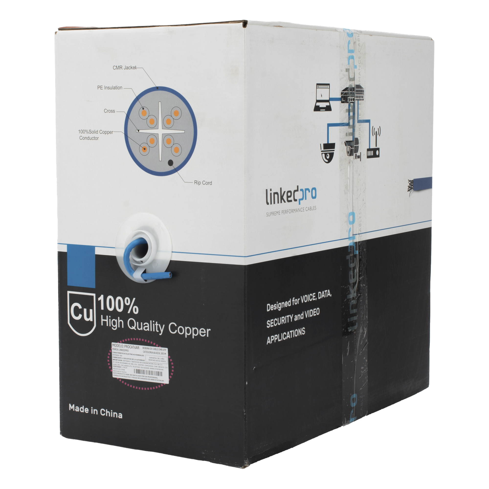 Bobina de Cable U/UTP Cat6A de 305 Metros (1000 Pies), Color Azul, CMR, Soporta 10G-BaseT para Transmisión de Frecuencias de hasta 500MHz, UL — LINKEDPRO BY EPCOM · SKU PRO-CAT6A-R