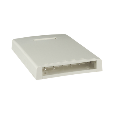 Caja de Montaje en Superficie, con Accesorio para Resguardo de Fibra Óptica, para 6 Módulos Mini-Com, Color Blanco Mate