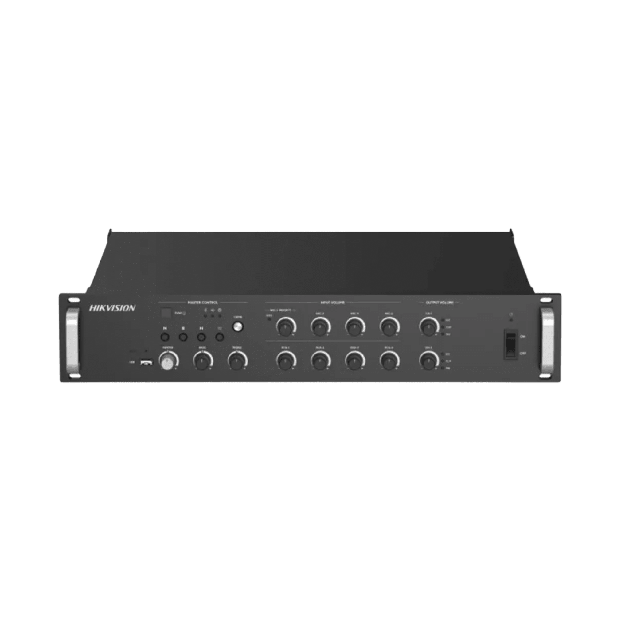 Amplificador de audio | 2 zonas de 250W | 100V/70V | Calendarización de eventos | Biblioteca de Materiales de Audio | Entrada de Alarma | Hik-connect /Hikcentral profesional