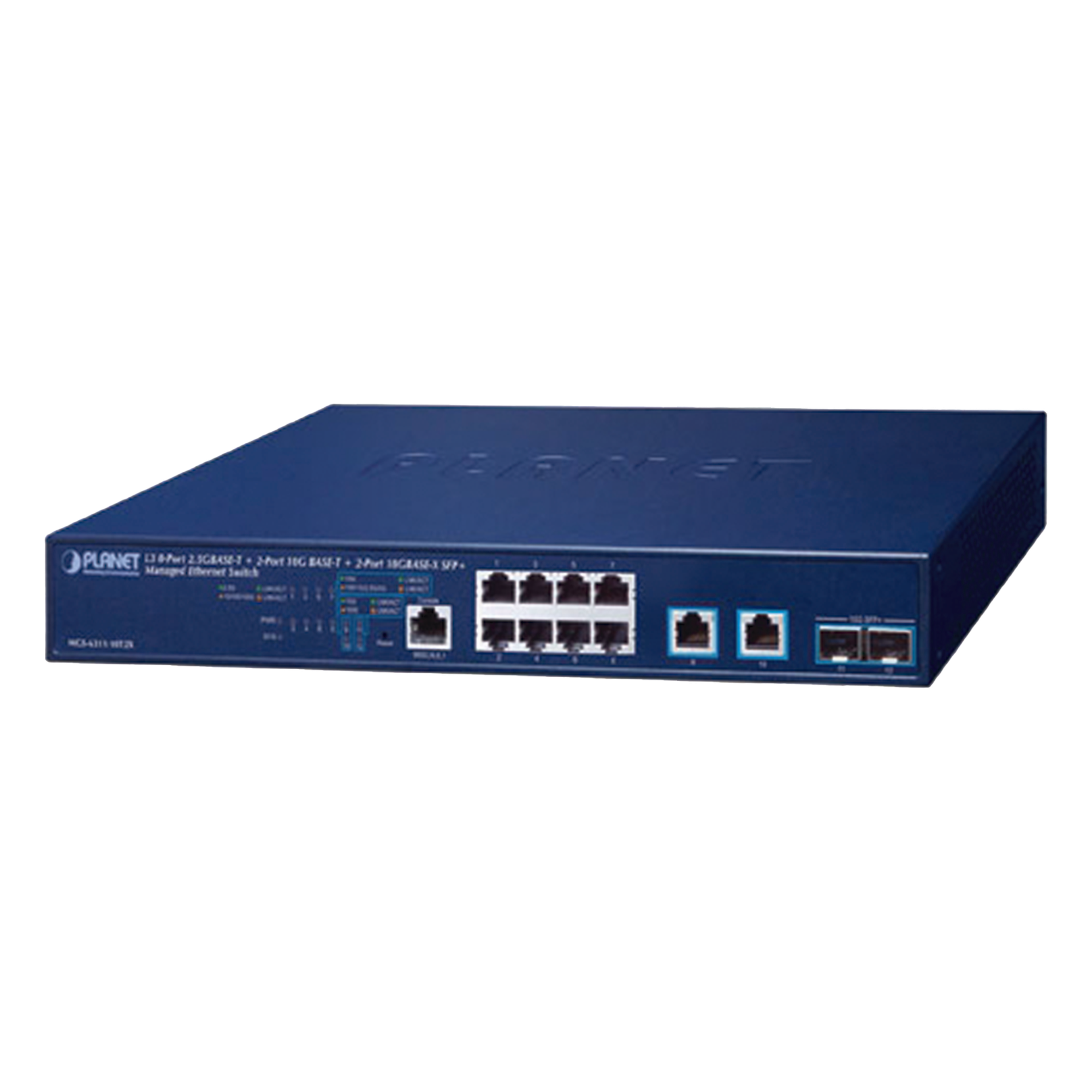 Switch Administrable Capa 3, 8 Puertos de 2.5G BASE-T, 2 Puertos de 10 G BASE-T, 2 Puertos SFP de 10 G  — PLANET · SKU MGS-6311-10T2X