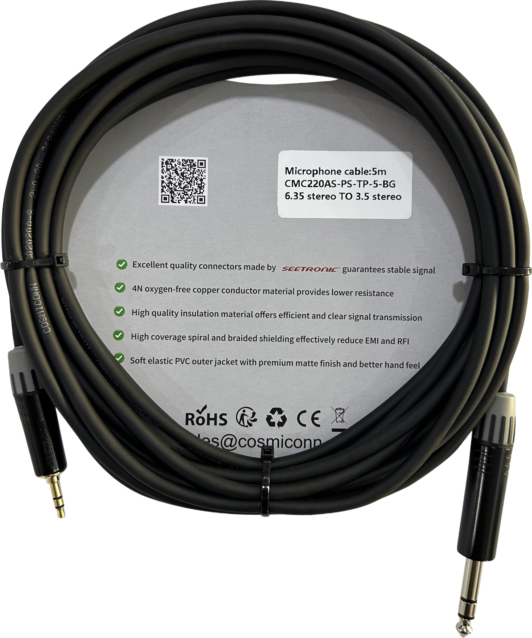 Cable 6.35mm a 3.5mm, conectores color negro MP3X-B - MTP3C-BG, length 5m