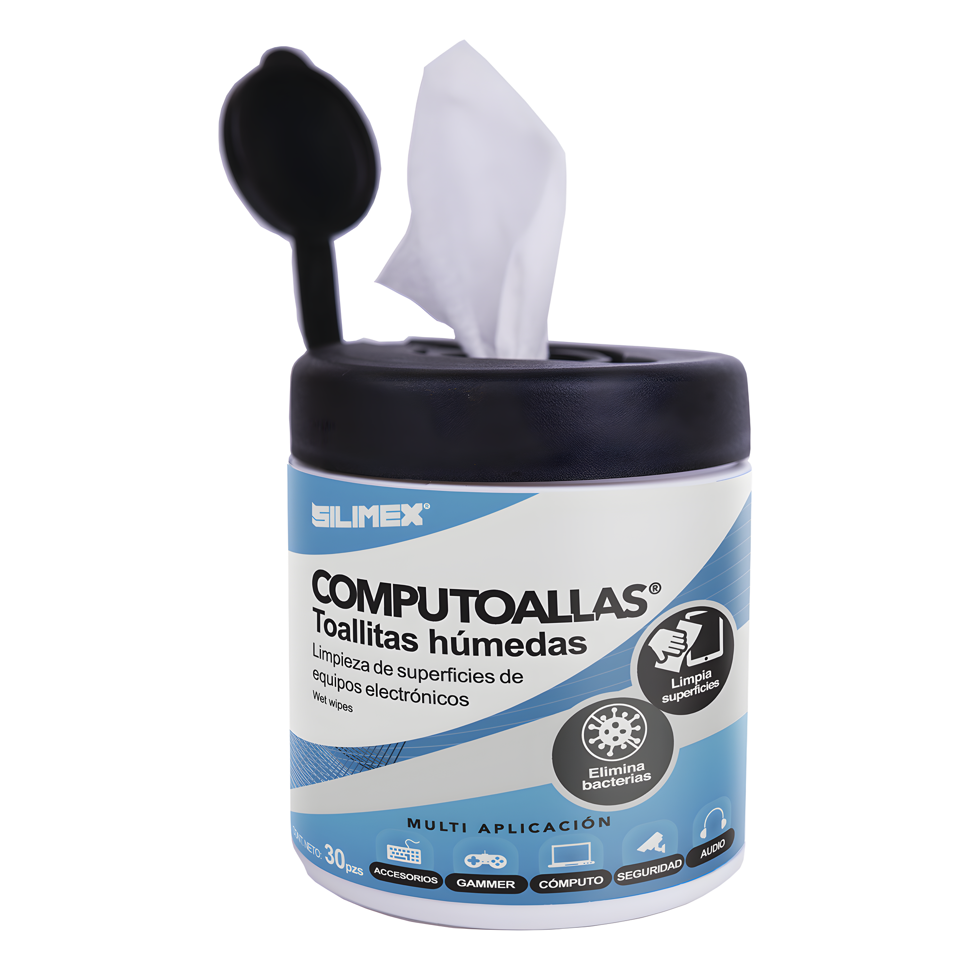 Toallas húmedas antibacteriales, para limpieza de gabinetes, equipos de cómputo, audio, vídeo y telefonía, 30 piezas — SILIMEX · SKU COMPUTOALLAS