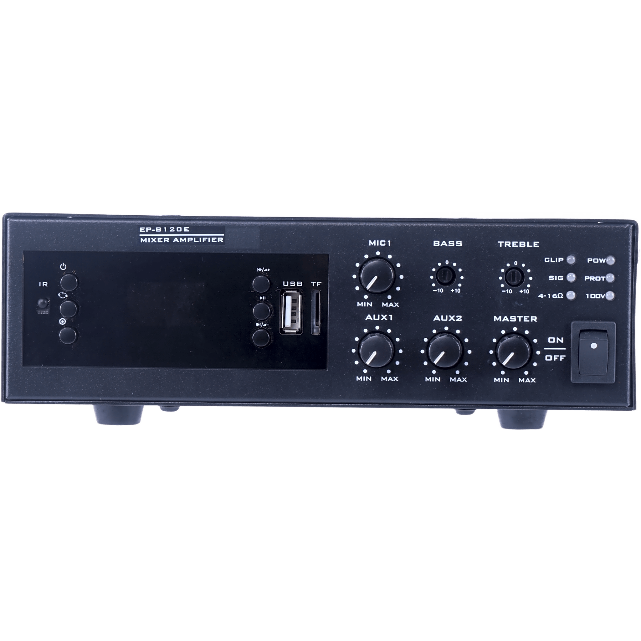 Amplificador de Potencia Digital Mini | 120W | Entrada XLR con Phantom 48V | 2 Entradas AUX | Bluetooth | Sintonizador FM | Reproducción MP3 | Protección contra Cortocircuito y Sobrecarga | 4~16Ω o 100V — EPCOM PROAUDIO · SKU EP-B120E