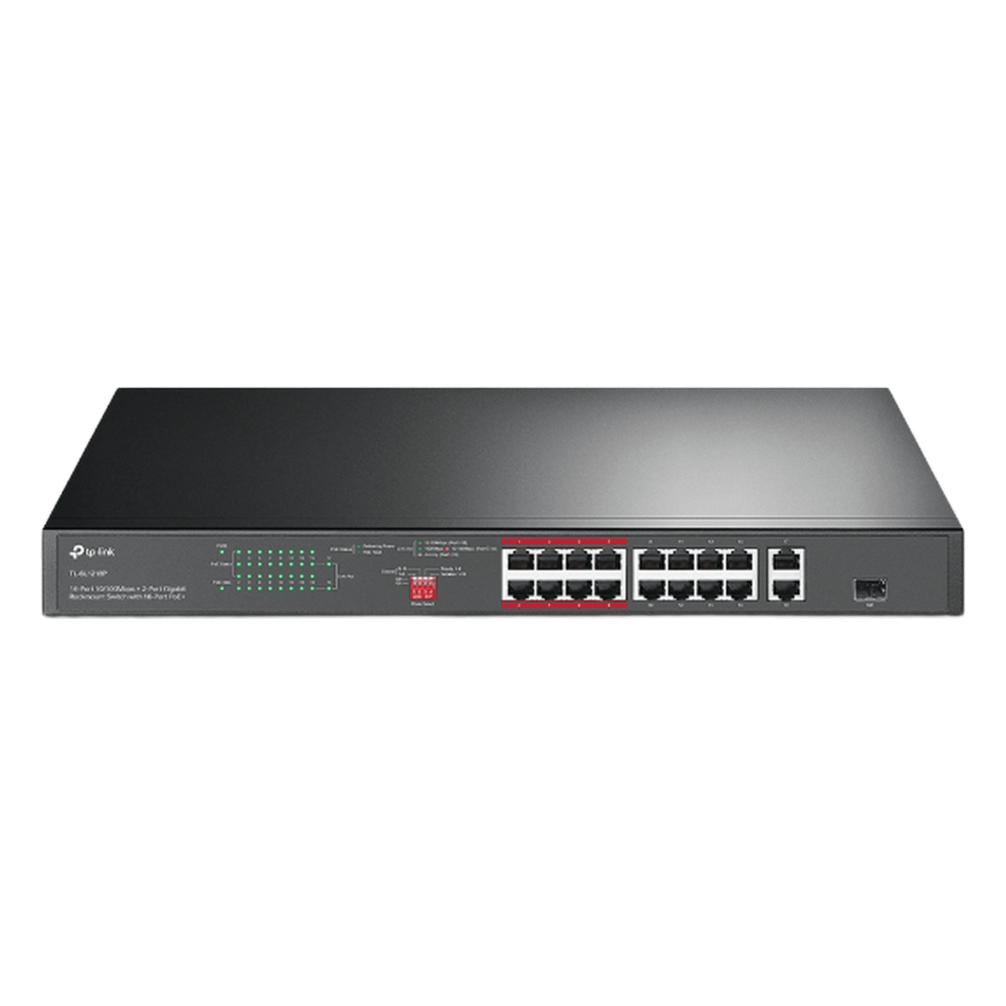 Switch PoE+ no Administrable 16 puertos 10/100 Mbps + 2 puertos 10/100/1000 Mbps + 1 puerto SFP, 8 puertos Extensor PoE (hasta 250 m), 150W, diseño para Vigilancia IP — TP-LINK · SKU TL-SL1218P