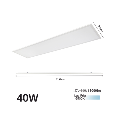 Panel LED Rectangular Empotrado o Suspendido /1195 x 295 mm / 127 Vca~60Hz / TC 6 500 K / Angulo de Luz de 140°