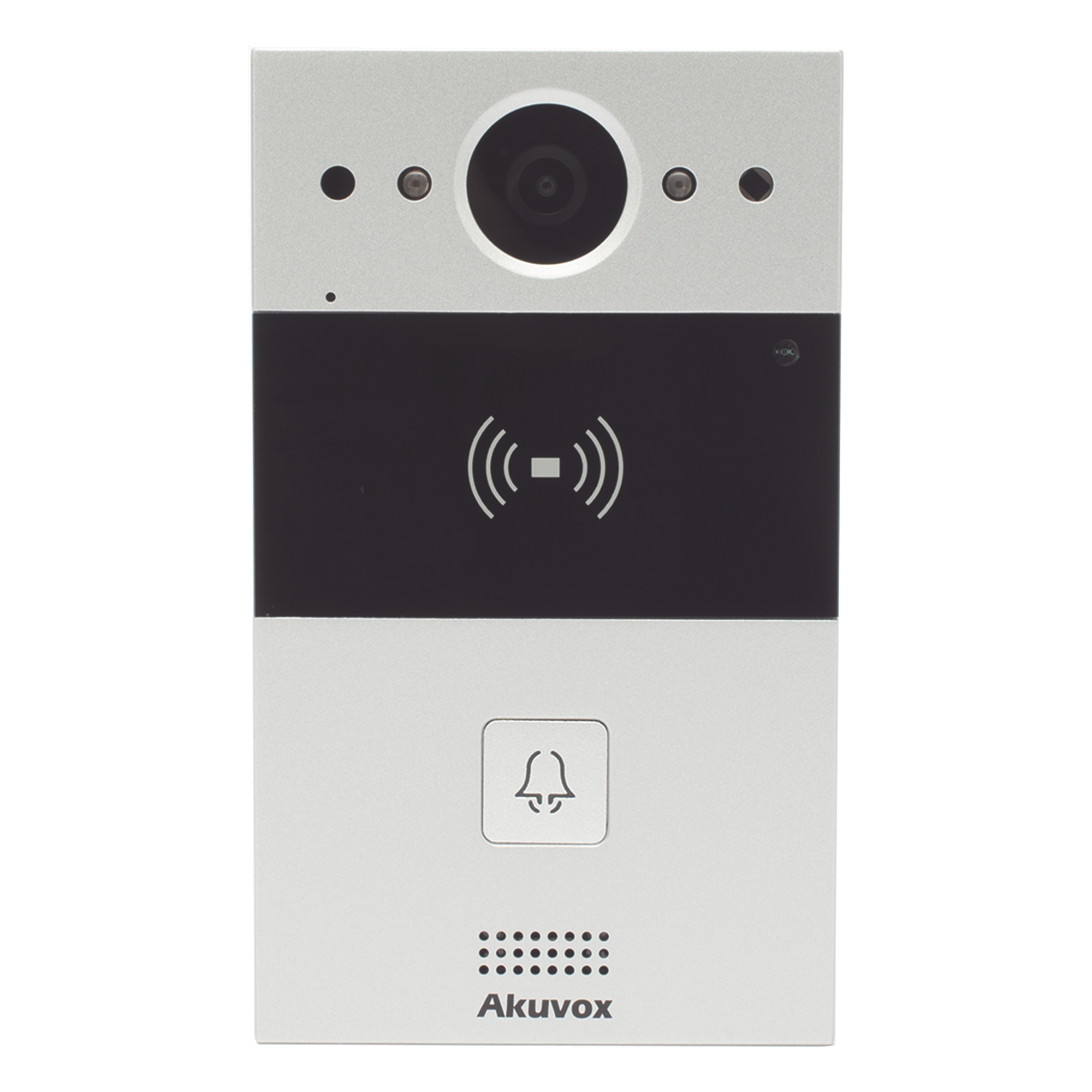 Videoportero de 1 Botón / Lector de Tarjetas MIFARE y PROX EM / Notificación a APP / 100% en la Nube / Notificación por Llamada Telefónica / SIP / ONVIF / IP65 / Cámara 2MP / Panel de Aluminio / Control de 2 Puertas — AKUVOX · SKU R20A