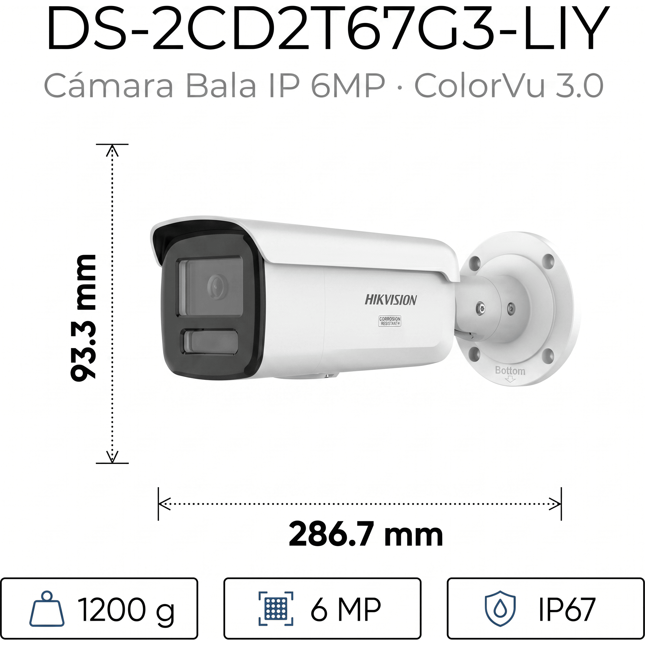 [Dual Light + ColorVu 3.0 + HikAI] Bala IP 6 Megapixel / Lente 4 mm / 60 mts IR + Luz Blanca / Exterior IP67 / WDR 130 dB / ACUSENSE 3.0 / Metal / NEMA 4X / ACUSEEK