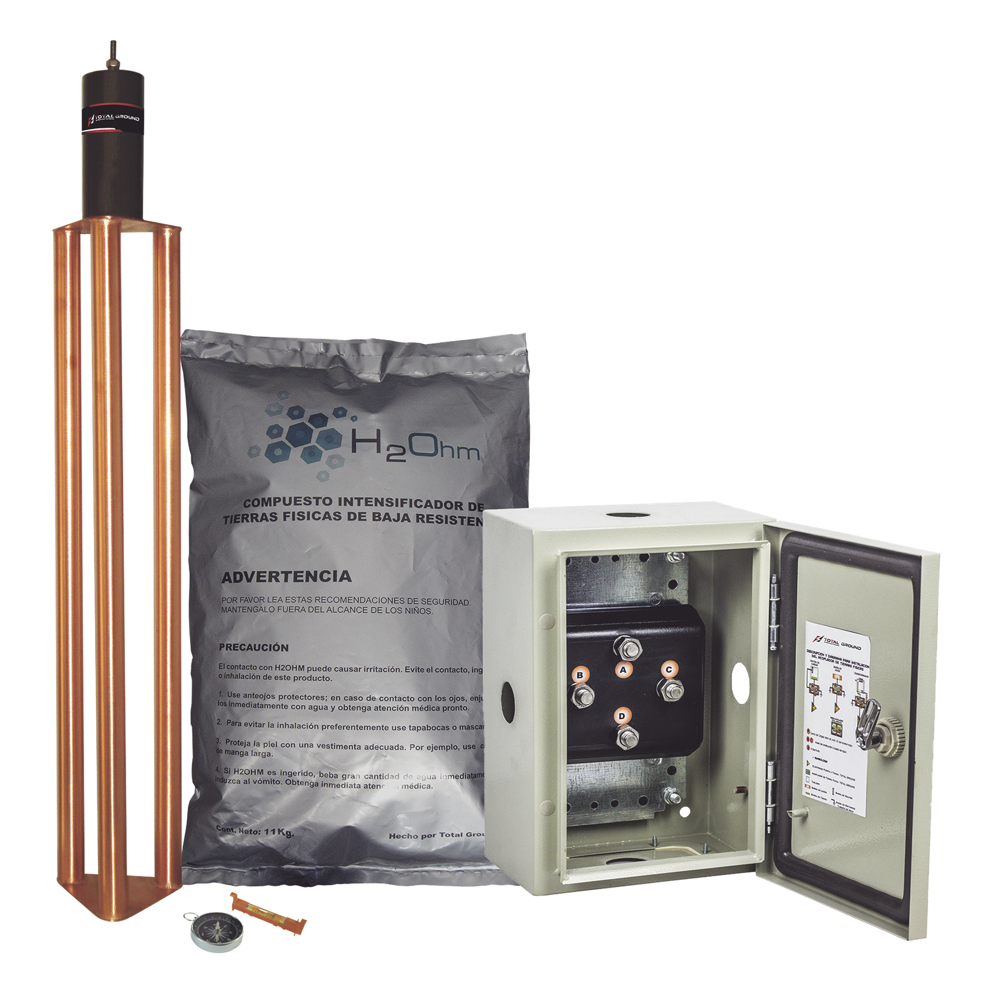 Kit de puesta a tierra de 70 A con Electrodo, Filtro, Acoplador y Compuesto H2Ohm. — TOTAL GROUND · SKU TG-70K