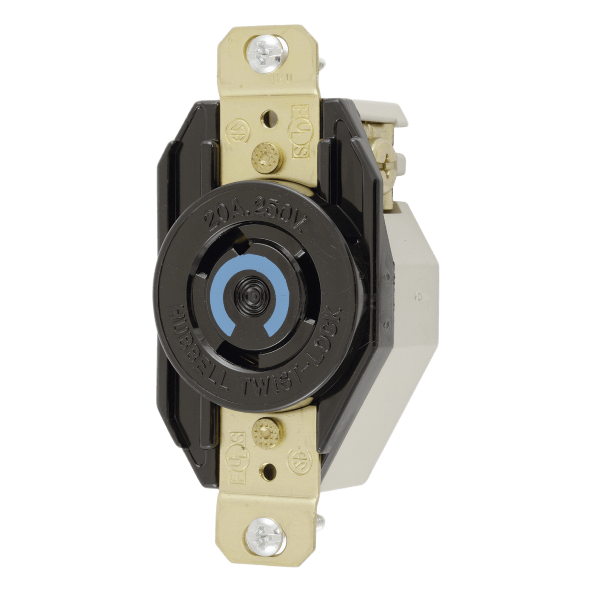 Receptáculo de Media Vuelta Industrial para Empotrar/ 20A  250V/ 2 Polos 3 Hilos/ NEMA L6-20R / Color Negro. — HUBBELL · SKU HUB-HBL-2320