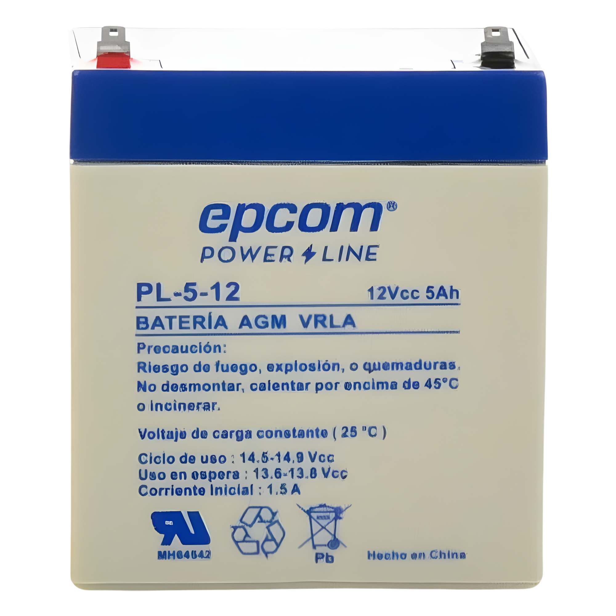 Batería 12 Vcc / 5 Ah / UL / Tecnología AGM-VRLA / Para uso en equipo electrónico Alarmas de intrusión / Incendio/ Control de acceso / Video Vigilancia / Terminales F1 / Cargador recomendado CHR-80.