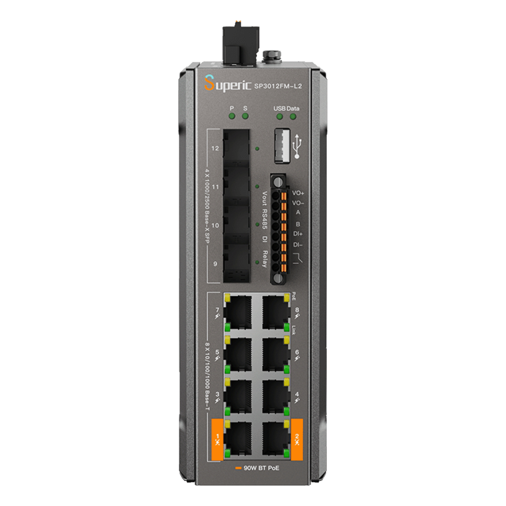 Switch de Red SP3012FM-L2(V3) / 8 Puertos 10/100/1000Mbps PoE / 4 Puertos SFP 1000M/2.5Gbps / Capacidad de Conmutación 36Gbps / Presupuesto PoE 240W / Alimentación Dual DC / Instalación DIN-rail, Pared o Escritorio / Certificaciones CE, FCC, RoHS, UKCA