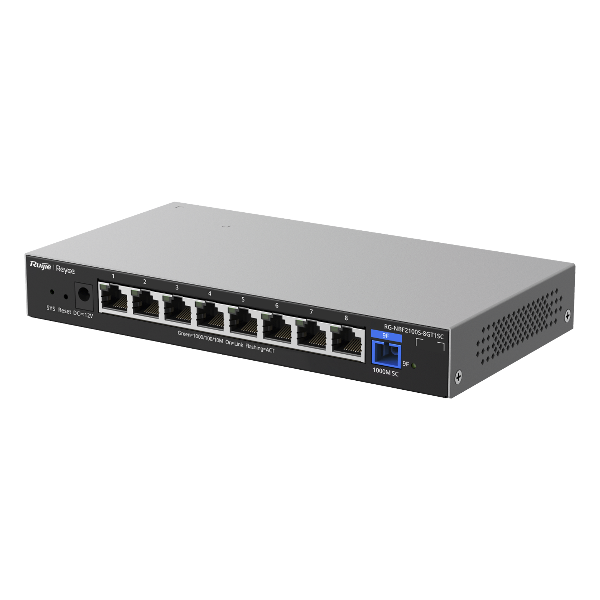 e-Lighten ONU / Switch Hibrido, Capa 2 con un Puerto PON 1G SC/UPC y 8 Puertos Ethernet 1G hasta 100 Clientes — RUIJIE · SKU RG-NBF2100S-8GT1SC