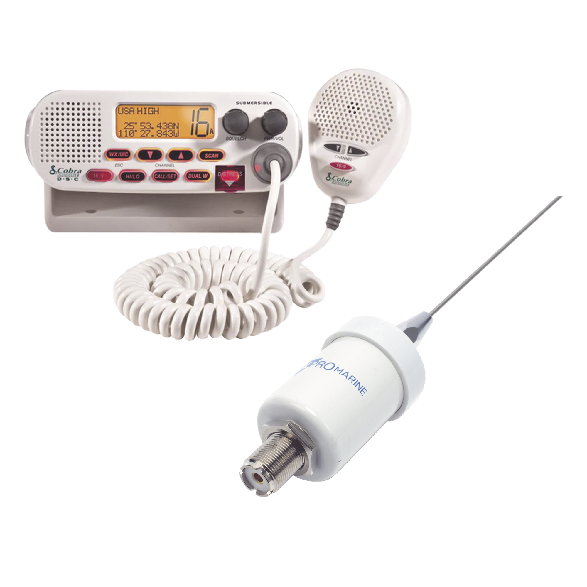 Kit de radio MRF45D | mas antena marina TX-1600-SYS. Incluye cable de 4.5 m con conectores PL-259 instalados y montaje en L — COBRA · SKU MRF45D/KIT1600