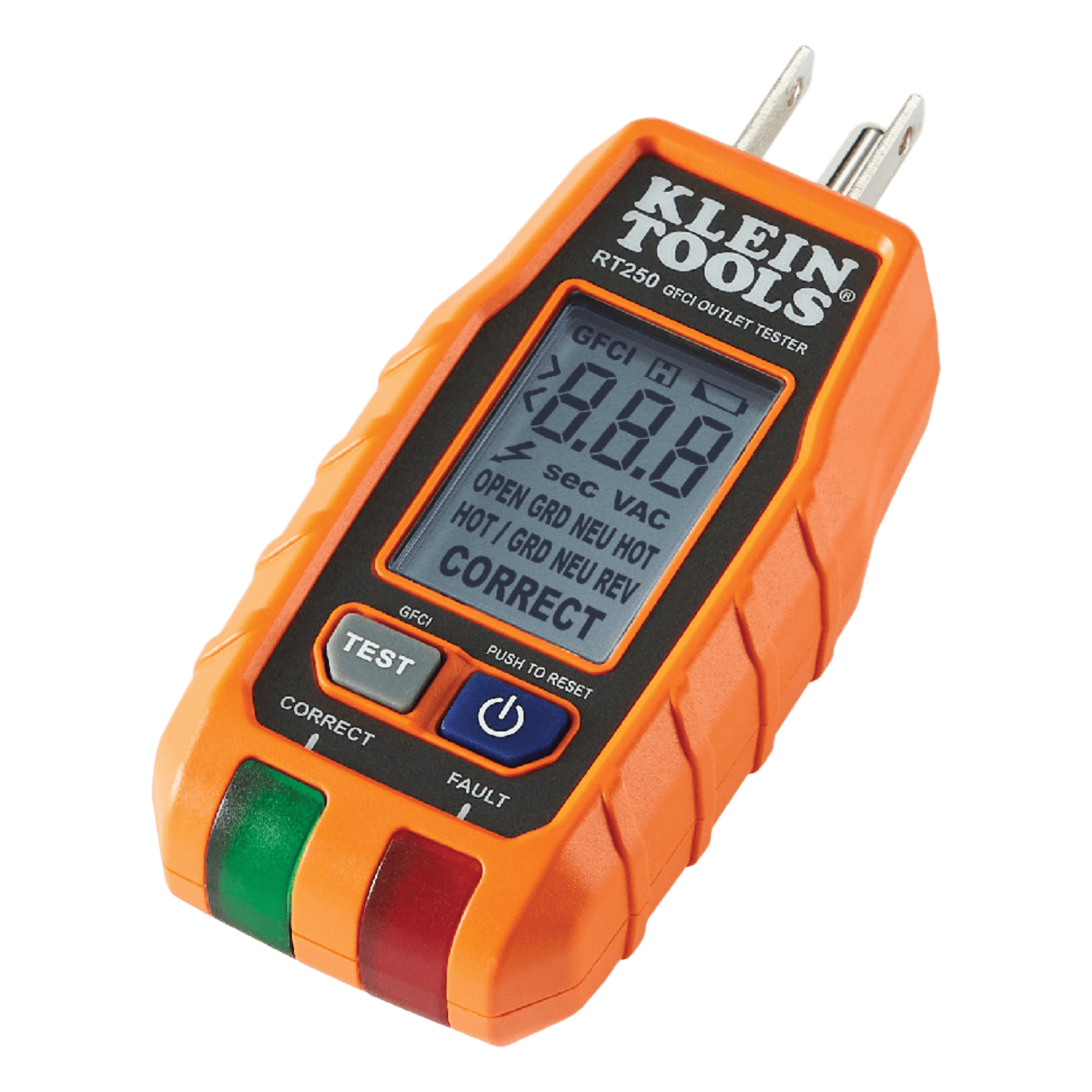 Probador de Tomacorrientes con Interruptor de Falla a Tierra (GFCI) con pantalla LCD. — KLEIN TOOLS · SKU RT-250