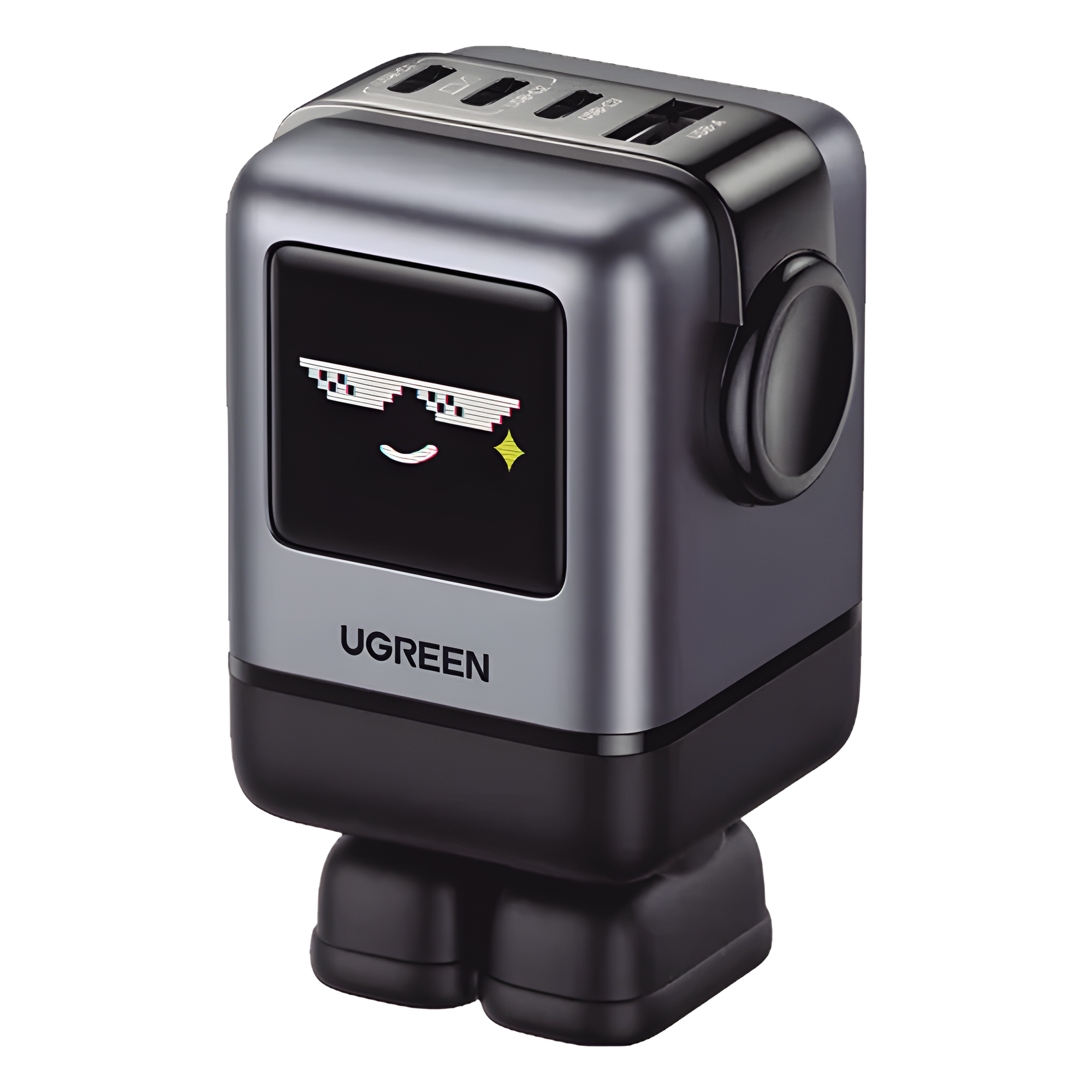 Cargador RobotGaN de 100W Serie UNO | 4 Puertos de Carga Rápida | 3 USB-C | 1 USB-A | PD 3.0 | QC 4.0 | Carga Inteligente | Tecnología GaN II | Zapato Magnético Extraíble | Carcasa Ignífuga | Pantalla LED — UGREEN · SKU 45514B